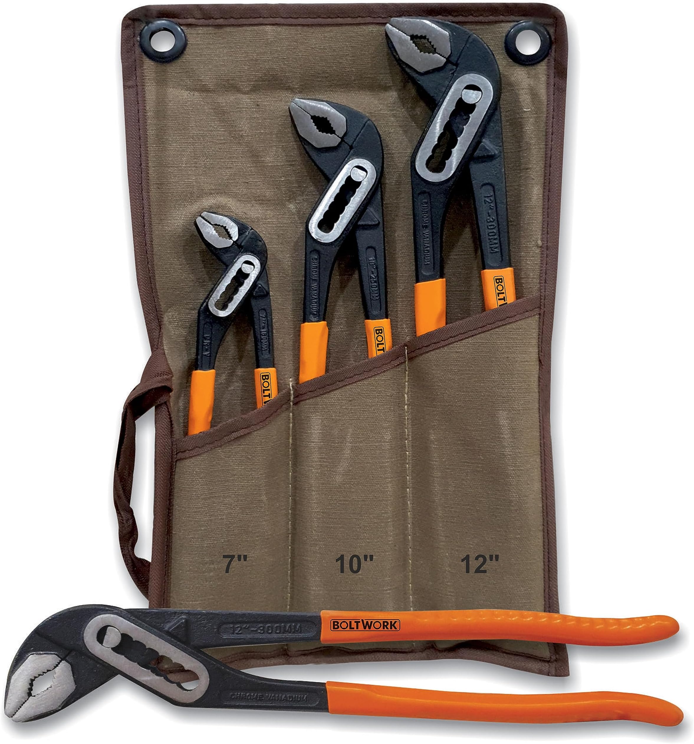 BOLTWORK Water Pump Pliers 3Pc (7”,10”,12”) CRV Steel Wide Jaw Profile Long Nose Box Joint Grips Set in Storage Pouch, 1% of Sale Value Will be Donated to Children's Hospital Sheffield