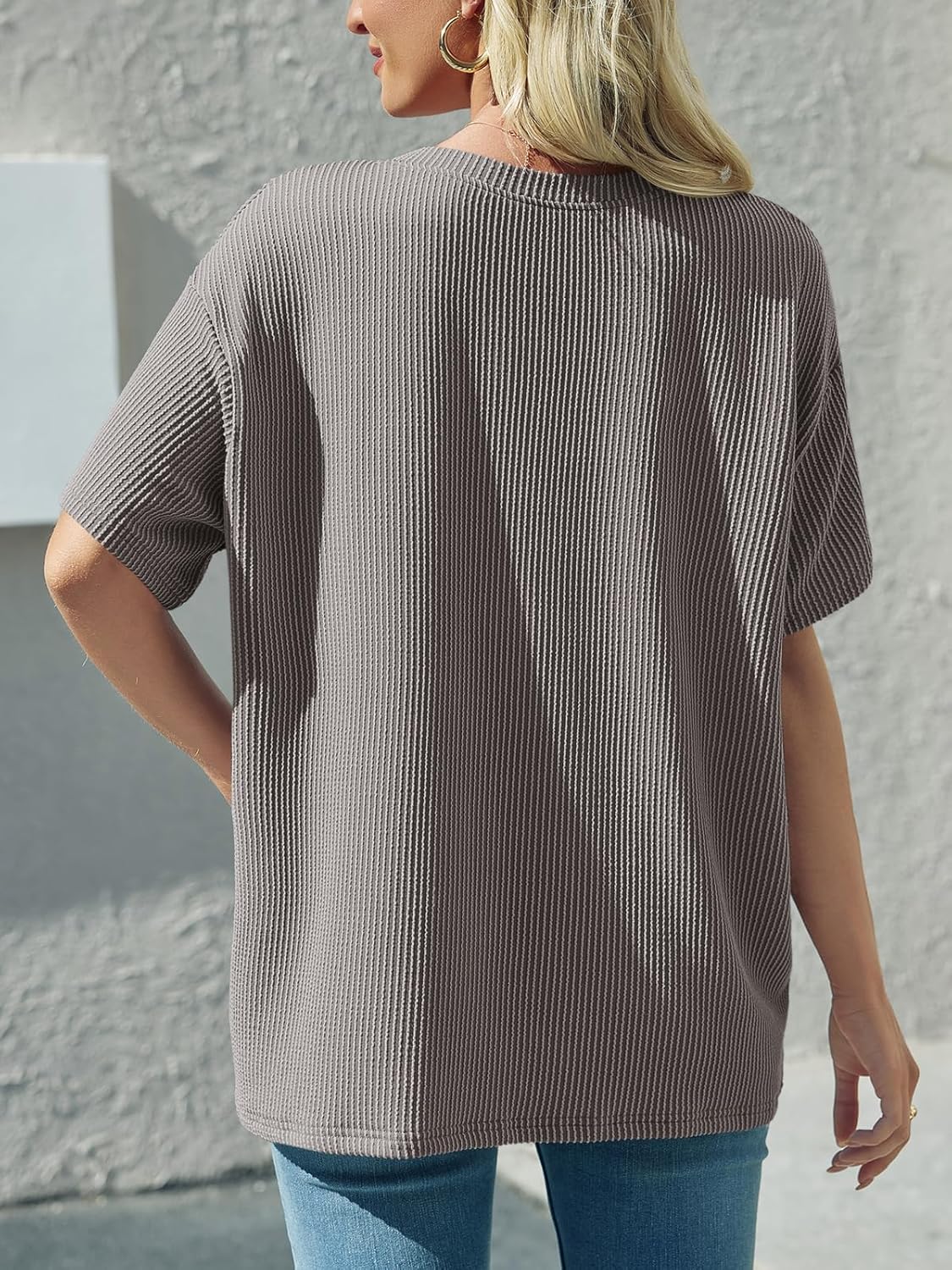 Tankaneo Womens Oversized Short Sleeve Tops Summer Textured Crew Neck T Shirt Ribbed Casual Basic Tees - Image 3