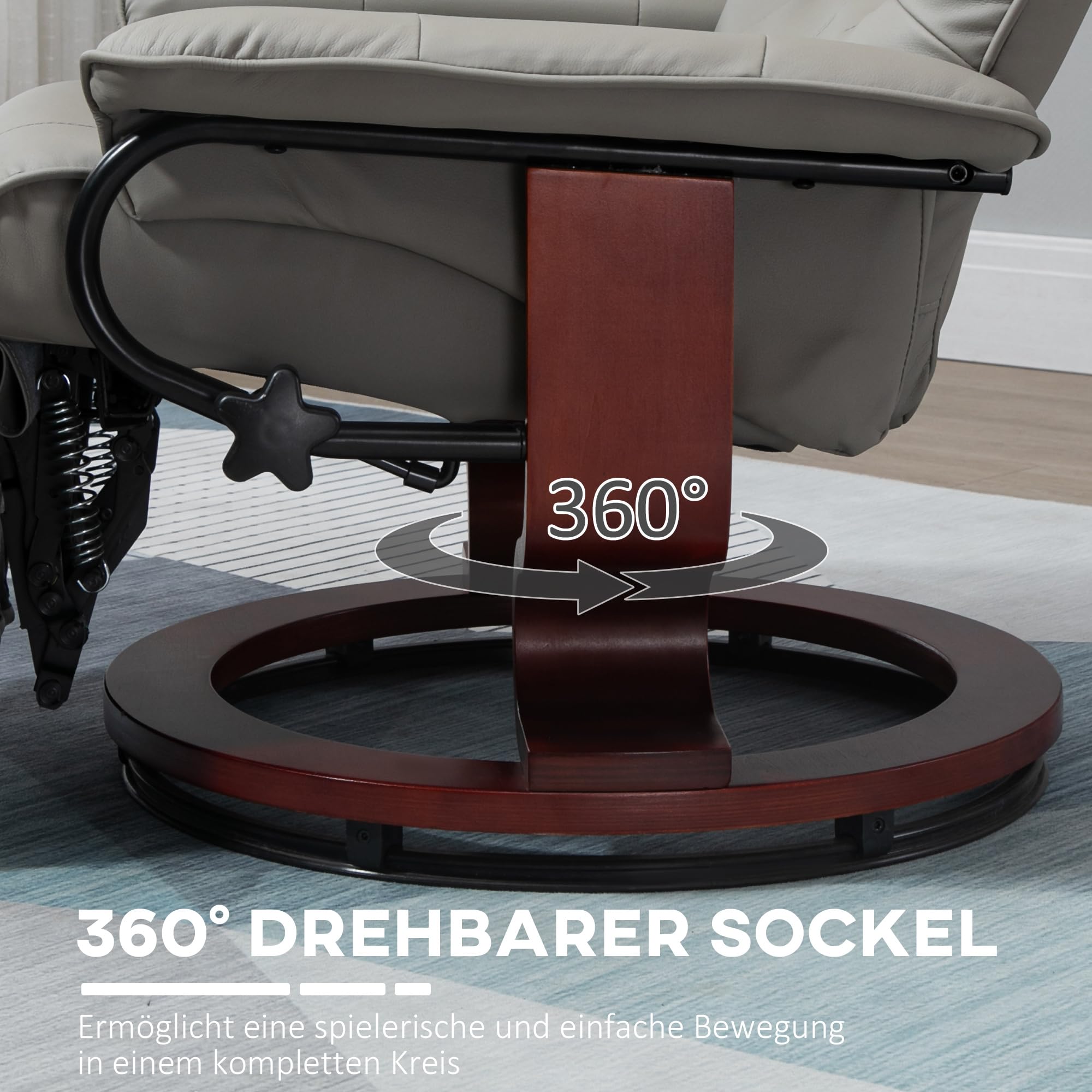 HOMCOM Relaxsessel mit Liegefunktion 360° Drehbar Fernsehsessel Verstellbare Rückenlehne Fußstütze Kunstleder Grau