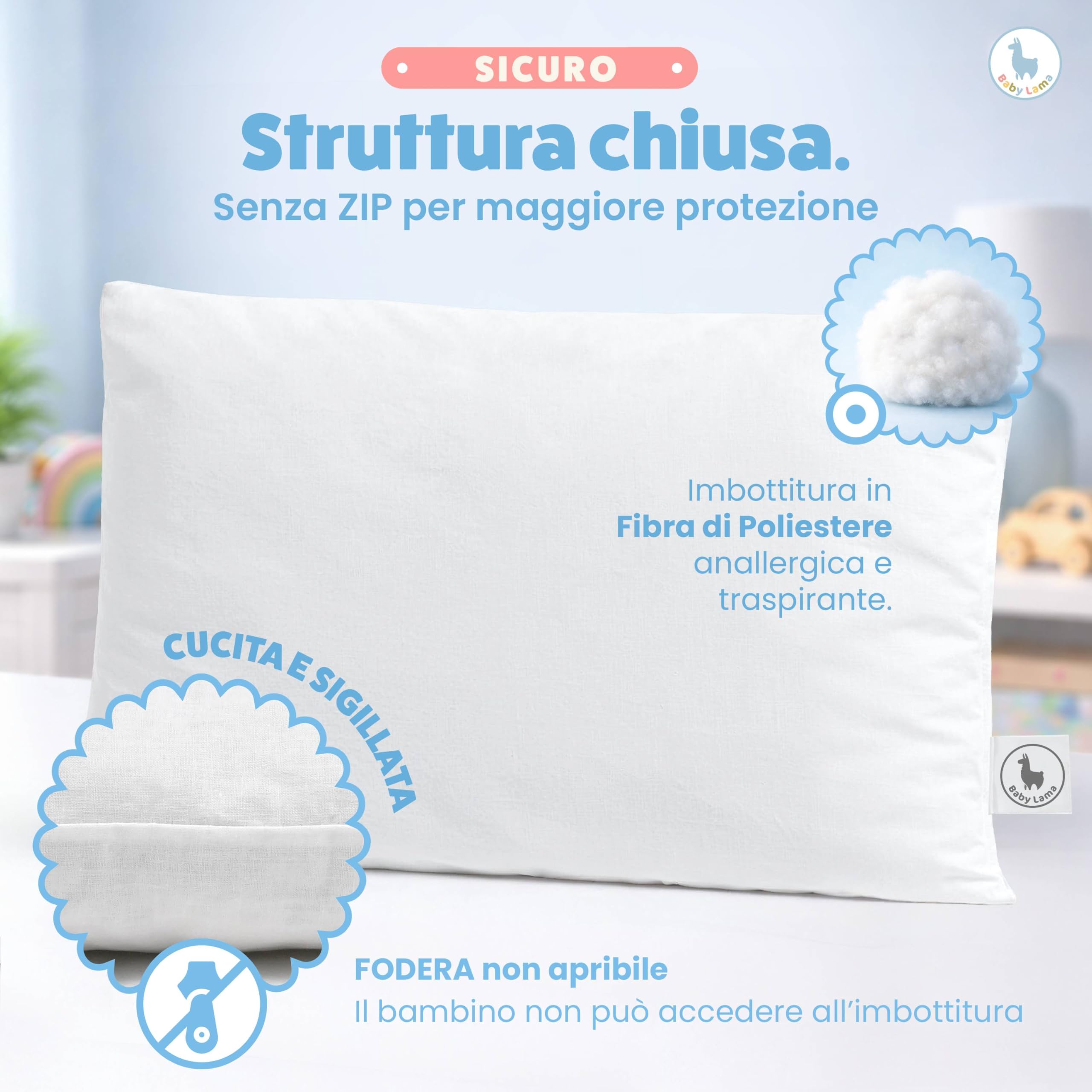Baby Lama Cuscino Bambino 2 Anni - 6 Anni. Cuscino Lettino Bambino Basso per Dormire 40x60. Cotone 100% Oeko-Tex – Ipoallergenico, Lavabile, Antisoffoco. Made in Italy (1)