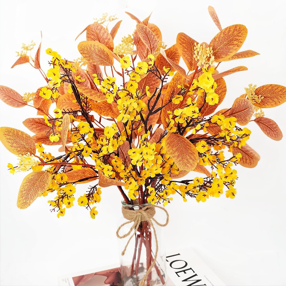 8 Bundle Artificial Flowers with Eucalyptus, 19.6" Fake Flowers Fall Decor Mixed Silk Faux Flower for Autumn Vase Centerpiece Table Wedding Party Home Decor Floral Arrangements, Yellow