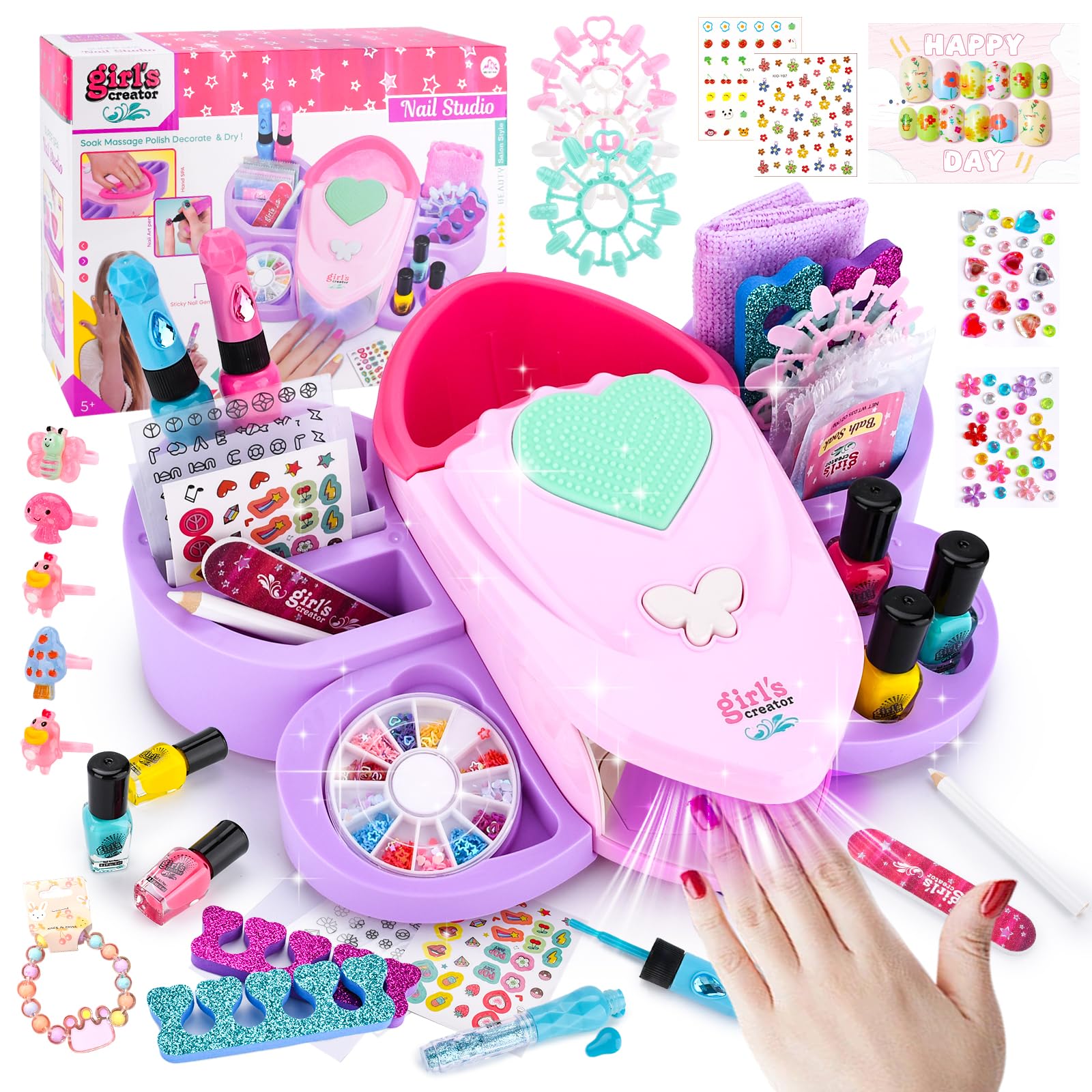 Kit Manucure Enfant Fille,Nail Art Jouet Cadeau,Contient Sèche Ongles,Peel-off Pailleté Vernis à Ongles,du glitter,des autocollants amusants,etc. 6+ Ans Cadeau d'anniversaire De Noël pour Filles