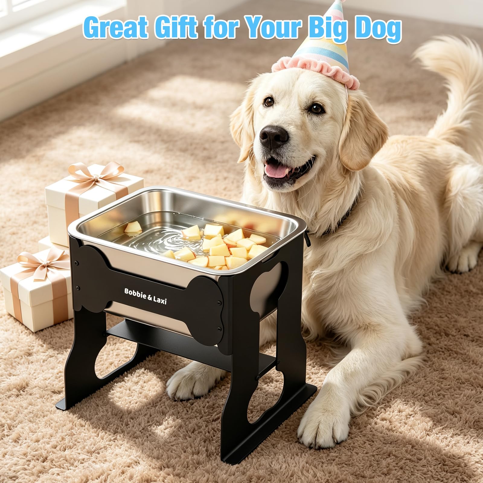 Cuenco de agua grande elevado para perros de 2.4 galones, cuenco elevado de acero inoxidable de 14 pulgadas con soporte para razas grandes, estación de alimentación de metal completo para perros para