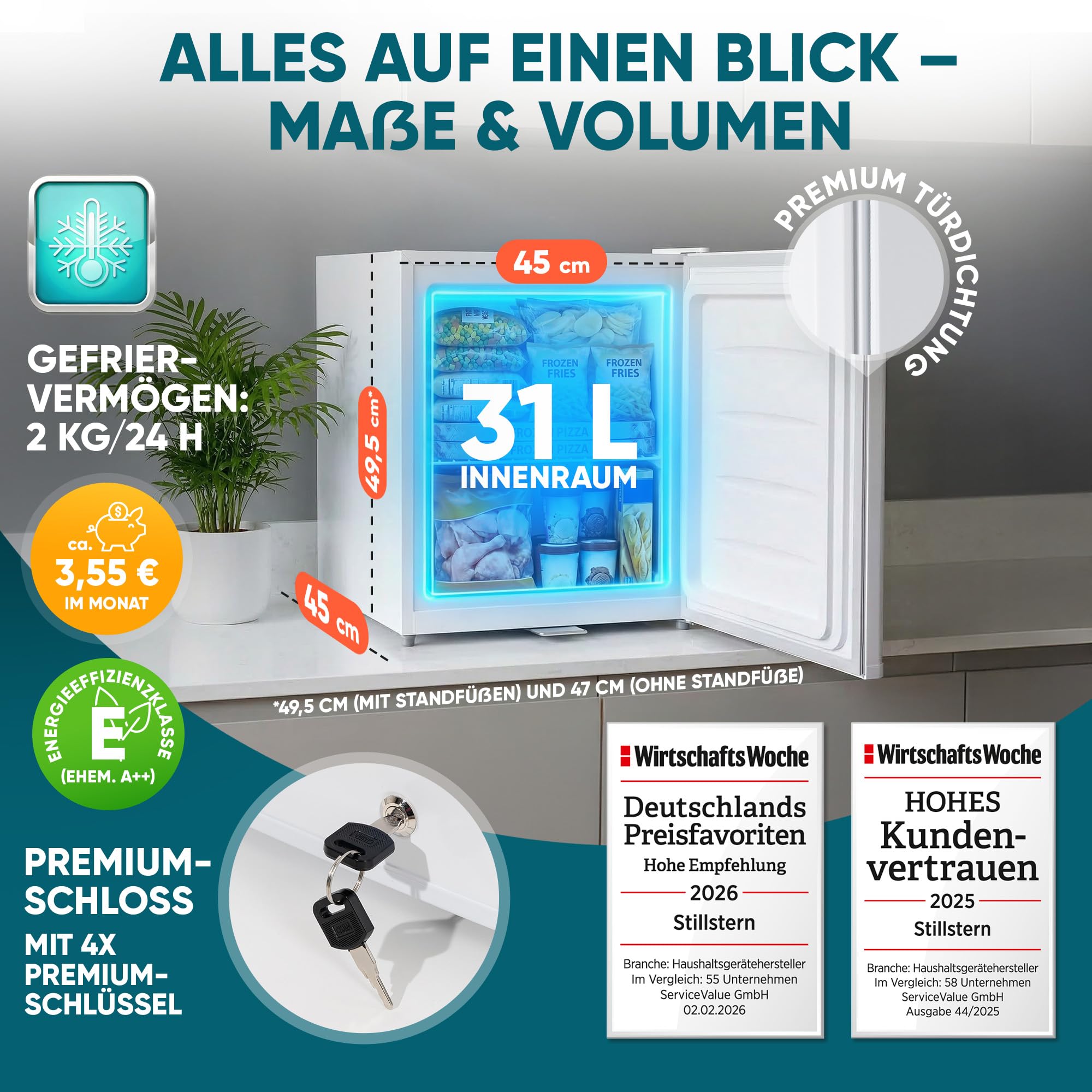 Stillstern Mini Gefrierschrank klein & leise 31L, Tiefkühltruhe mini Freezer -18°C mit Eiswürfelschale & Schloss, Türanschlag r./l., 4-Sterne Tiefkühlschrank klein Gefrierschränke Camping/Büro Weiß