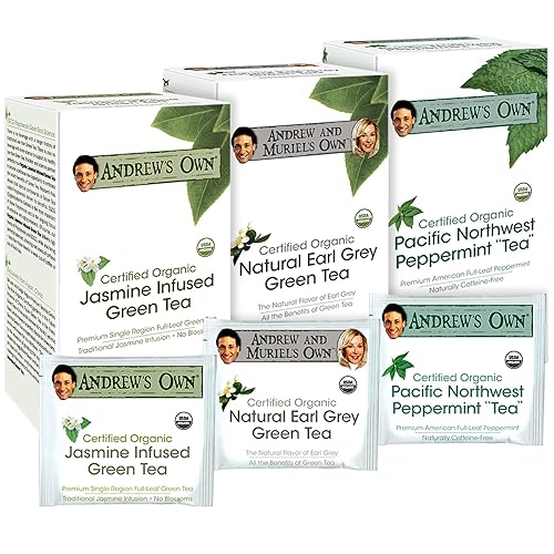 Andrew Lessman Té  Paquete variado  Té verde de jazmín + té verde Earl Grey + té de menta 30 sobres cada uno  Certificado orgánico. Sabor