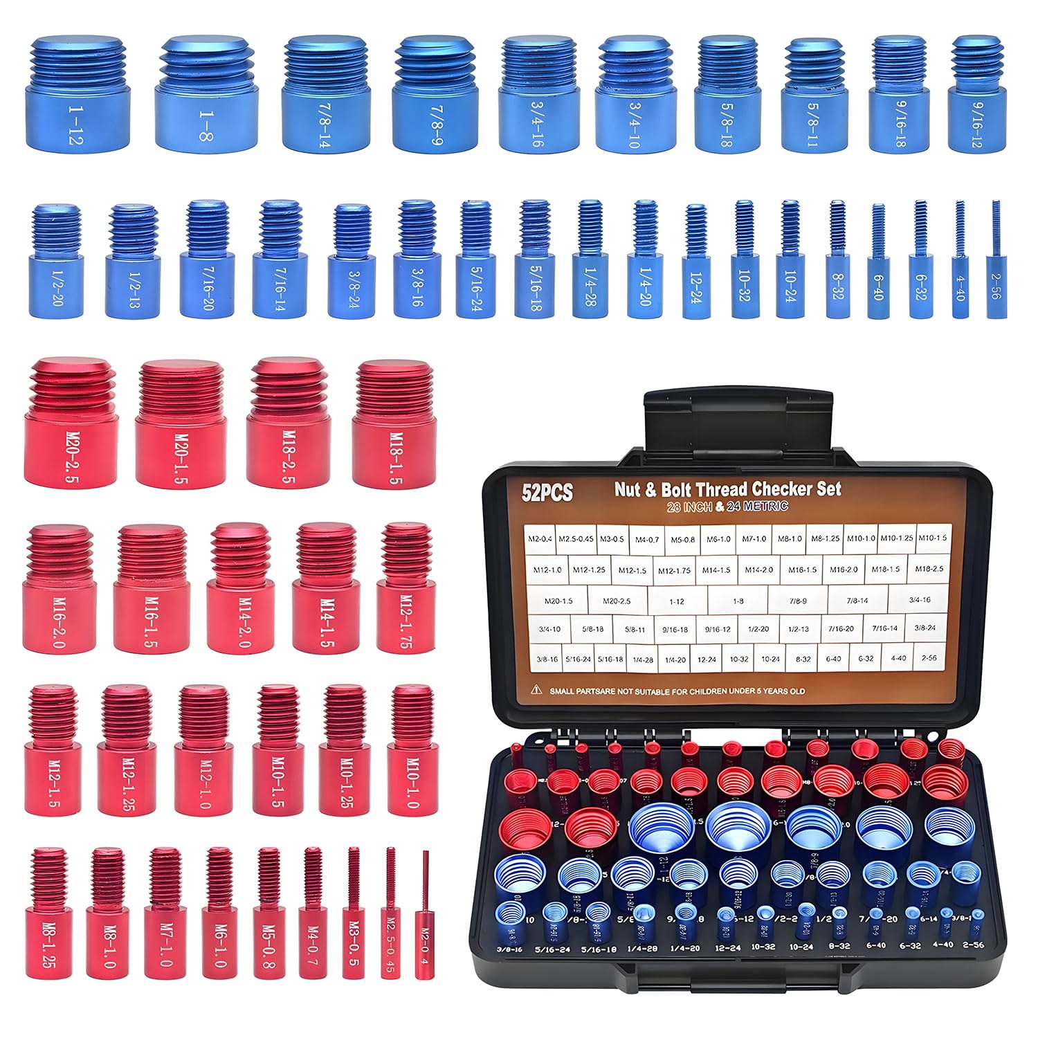 52 Piece Thread Checker Set with Ciphered Pulls Metric Screws Fasteners Inspection Permanent Case Thread Checker Measure Set Standard