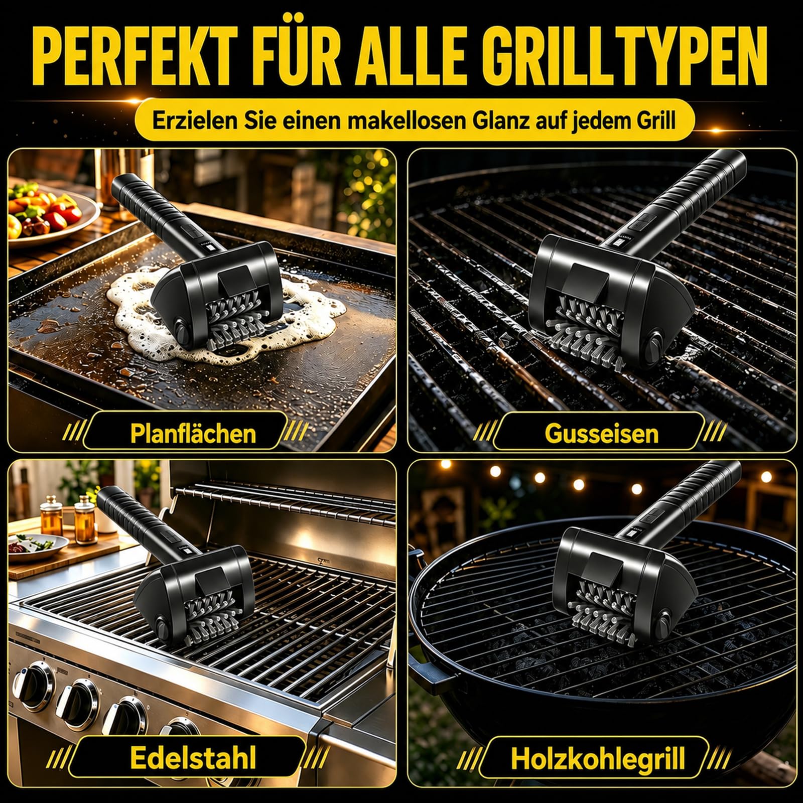 KINGLEAD Elektrische Grillbürste Kabellose BBQ Reinigungsbürste 4000 mAh | 2 Geschwindigkeiten, Edelstahl 304 Bürstenkopf, LED Licht, Schaber & Handschuhe für einfache Grillreinigung