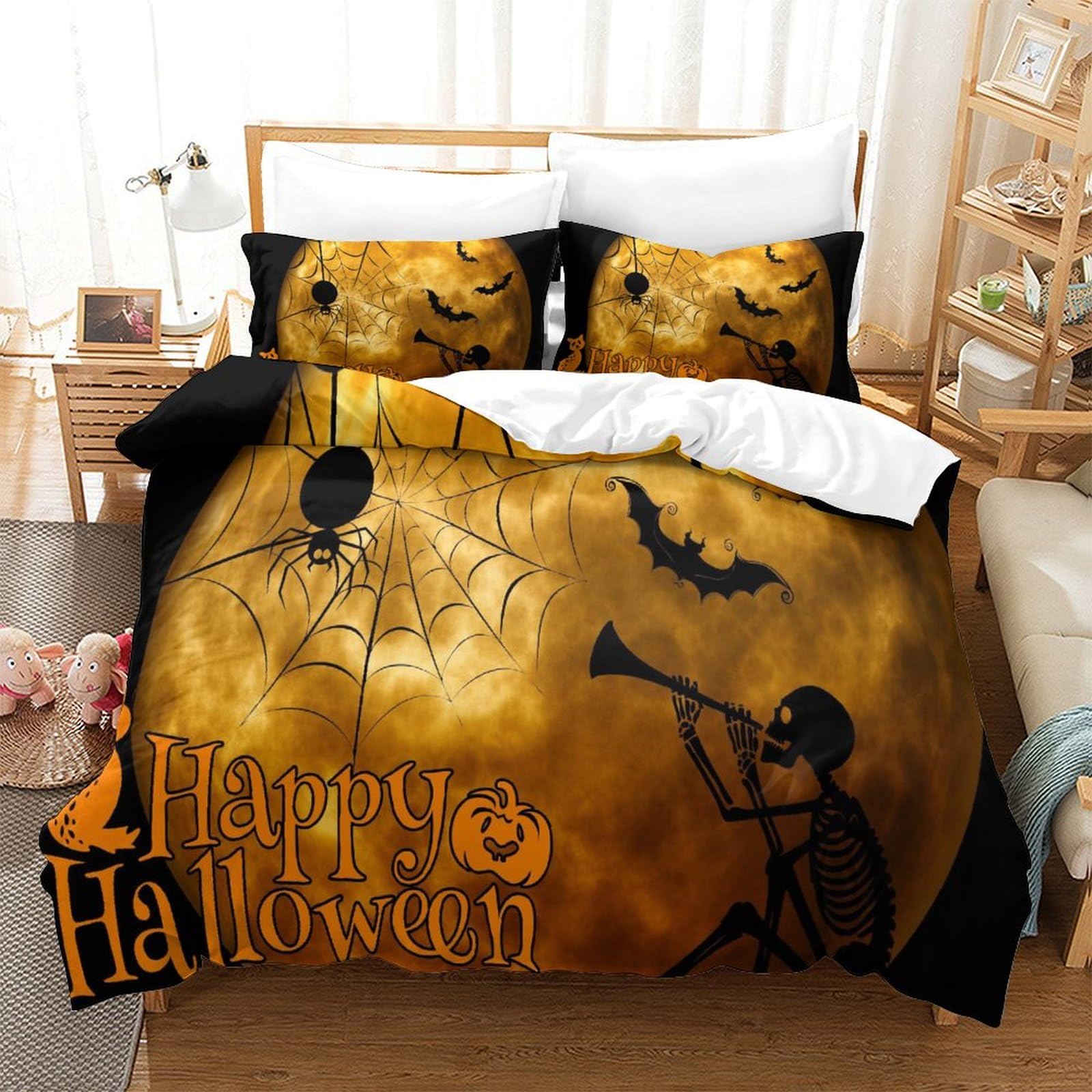 P1S9U7W5Y Halloween Pumpkin 3D Printed Duvet Cover Set 3pcs Microfiber Spooky Bedding Set SuperKing