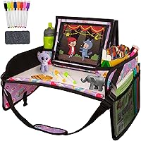 Vista 14 de Lusso Gear Bandeja de asiento de automóvil de viaje, pizarra de borrado en seco y soporte seguro para tabletas para viajes de niños pequeños, tela