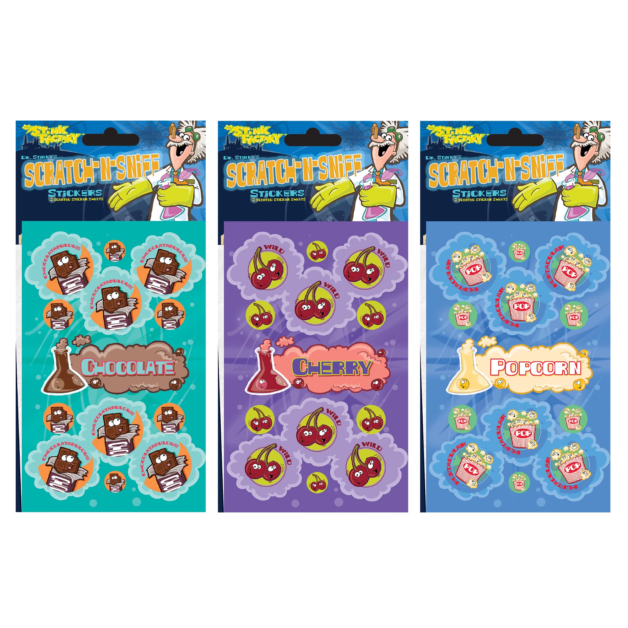 Just For Laughs Dr. Stinky's Scratch N Sniff Stickers 3-Pack, Cherry, Popcorn, Chocolate, 81 Total