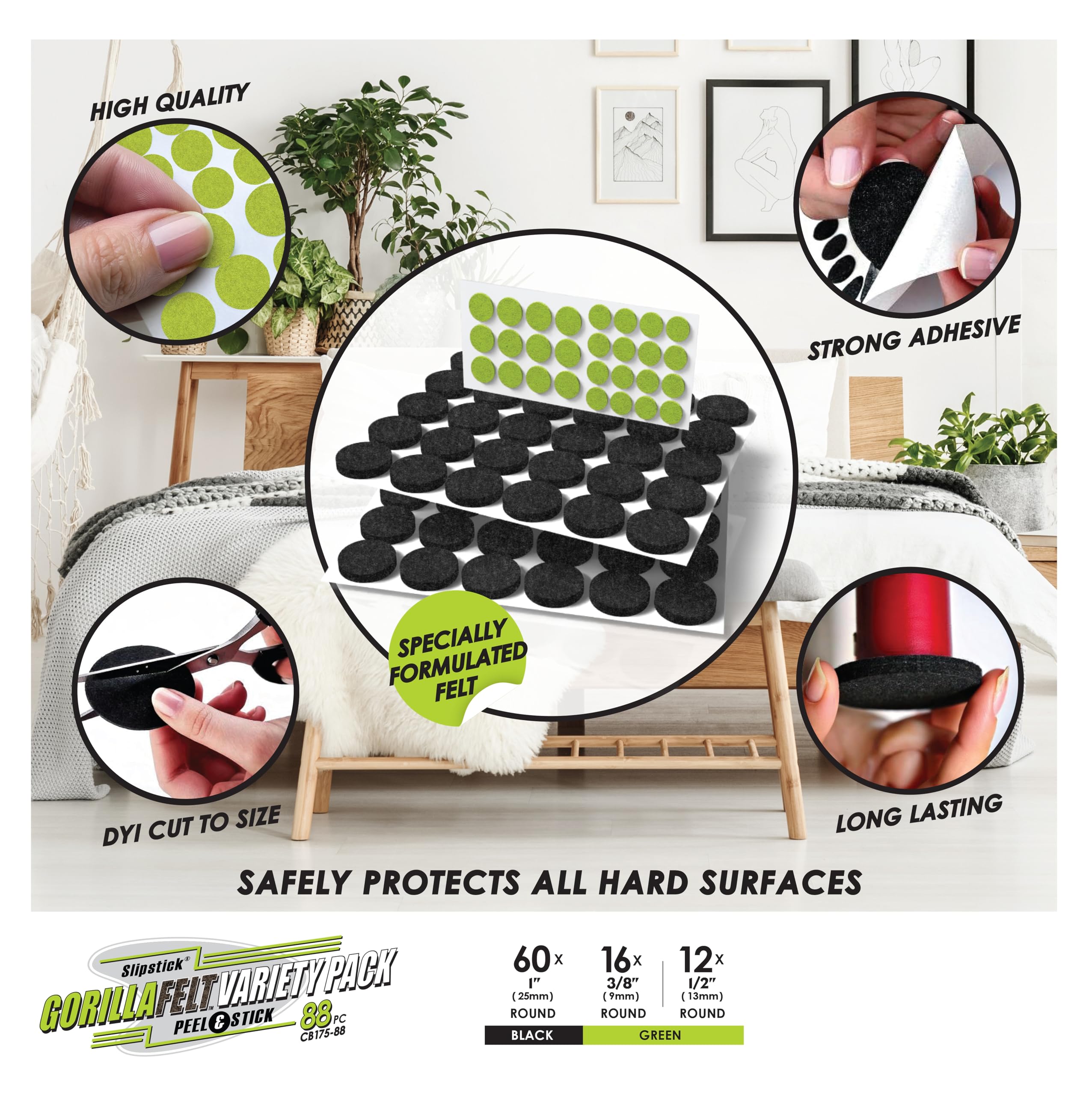 Slipstick Gorilla Felt 1 Inch Furniture Pads (88 Piece Combo) Premium Furniture Pads & Chair Leg Floor Protectors for Hardwood Floors & Hard Surfaces - Image 2