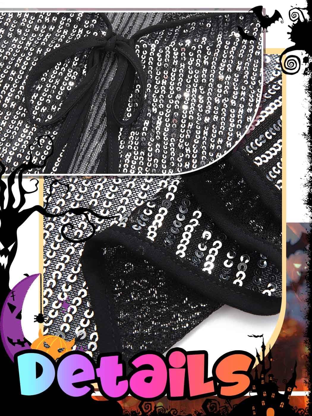 GORAIS Black Sequin Hooded Cloak with Sleeves Sheer Halloween Costume Cape