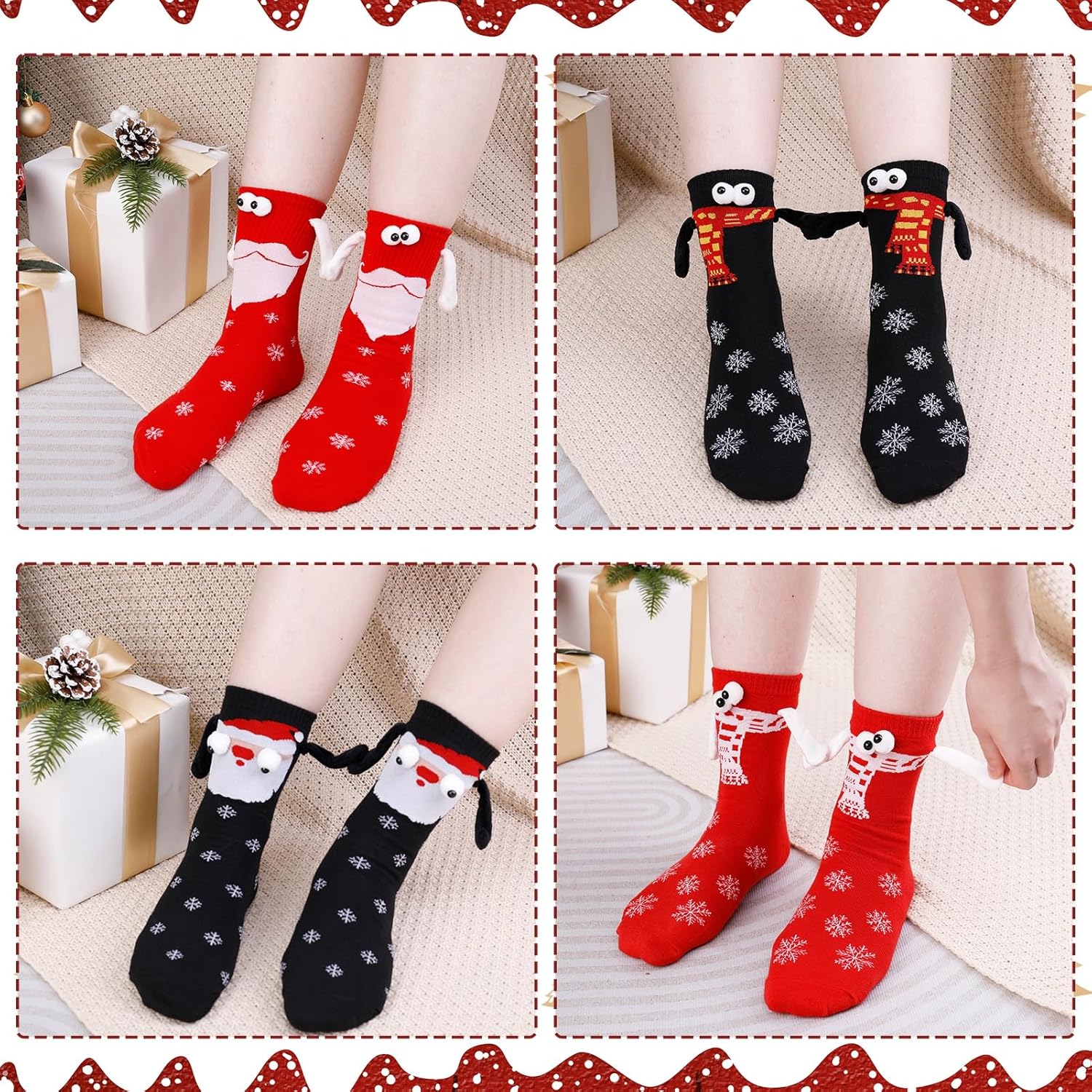 DragonflyDreams 4 Pairs Valentine's Day Holding Hands Socks-Unisex Mid-Tube,Funny Magnetic Suction 3D Doll Design for Christmas and New Year - Image 4