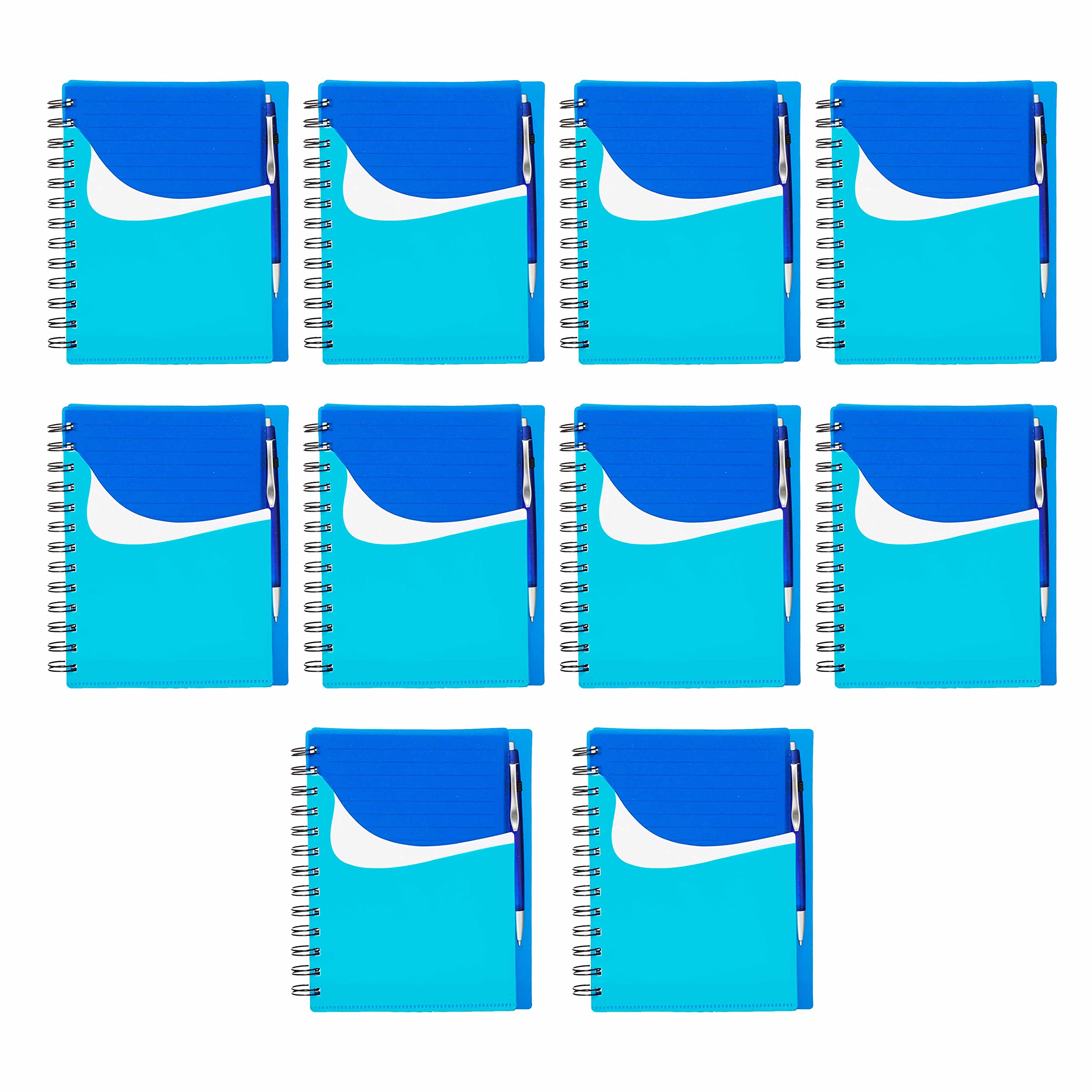 DISCOUNT PROMOS Spiral Notebooks with Front Pocket Set of 10, Bulk Pack - Durable Plastic Cover, Includes Matching Pen in Blank Ink, Perfect for