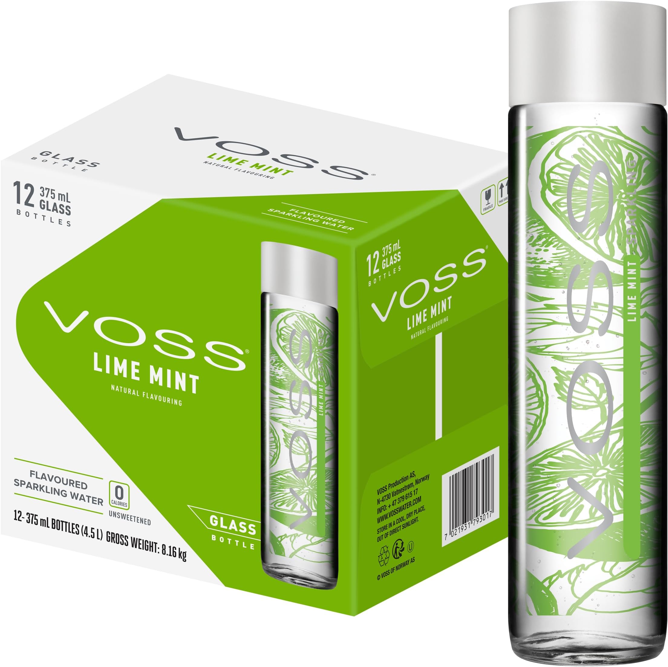 Lime Mint Flavoured Sparkling Water, Pack of 12 x 375ml VOSS Original Glass Bottles, Zero Calories, No Sugar, Naturally Sourced