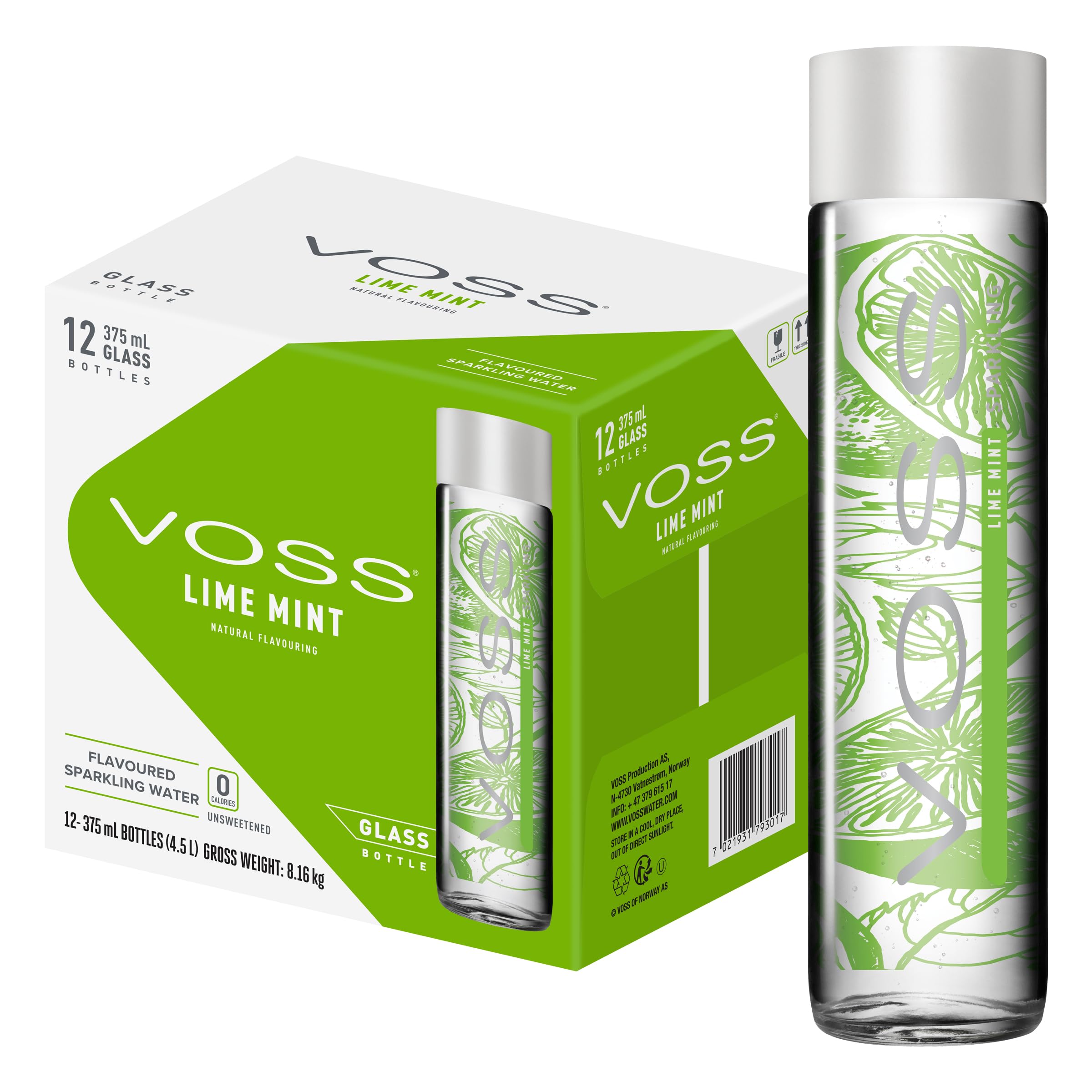 VOSS Lime Mint Flavoured Sparkling Water, Pack of 12 x 375ml VOSS Original Glass Bottles, Zero Calories, No Sugar, Naturally Sourced