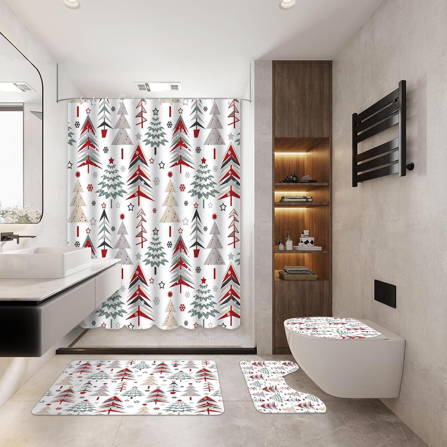 MEHOFOND 4pcs Christmas Shower Curtain Sets Xmas Tree Shower Curtain Sets Christmas Bathroom Sets with Shower Curtain and Rugs Toilet Lid Cover and U Shape Mat Washable 72"x72"