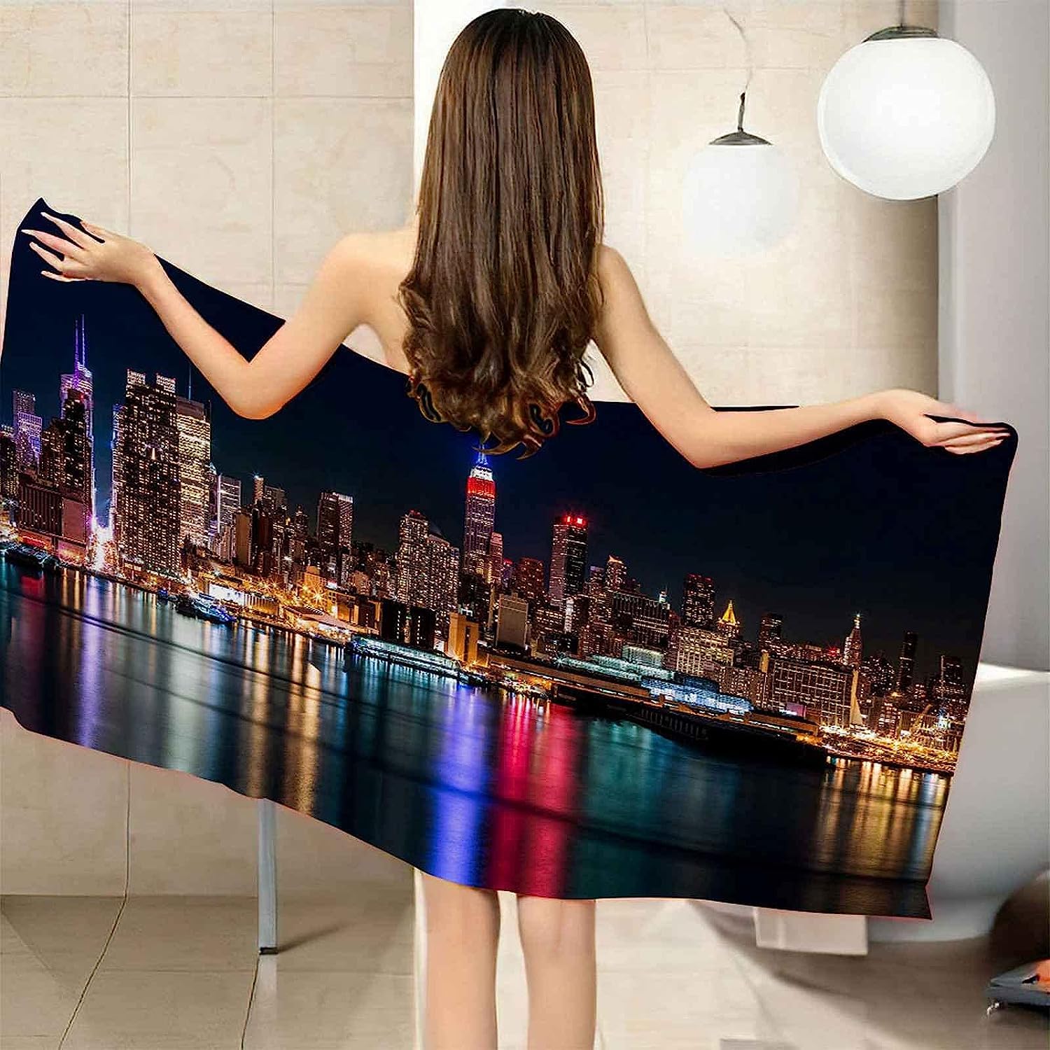 Rectangle Microfibre Beach Towel, City ​​Lights Night View 90 X 180 Cm Print Lightweight Quick Dry Sand Free Compact Soft Super Absorbent Bath Towel Apply To Travel Yoga Sport Microfiber Sof-4O6H+M7K