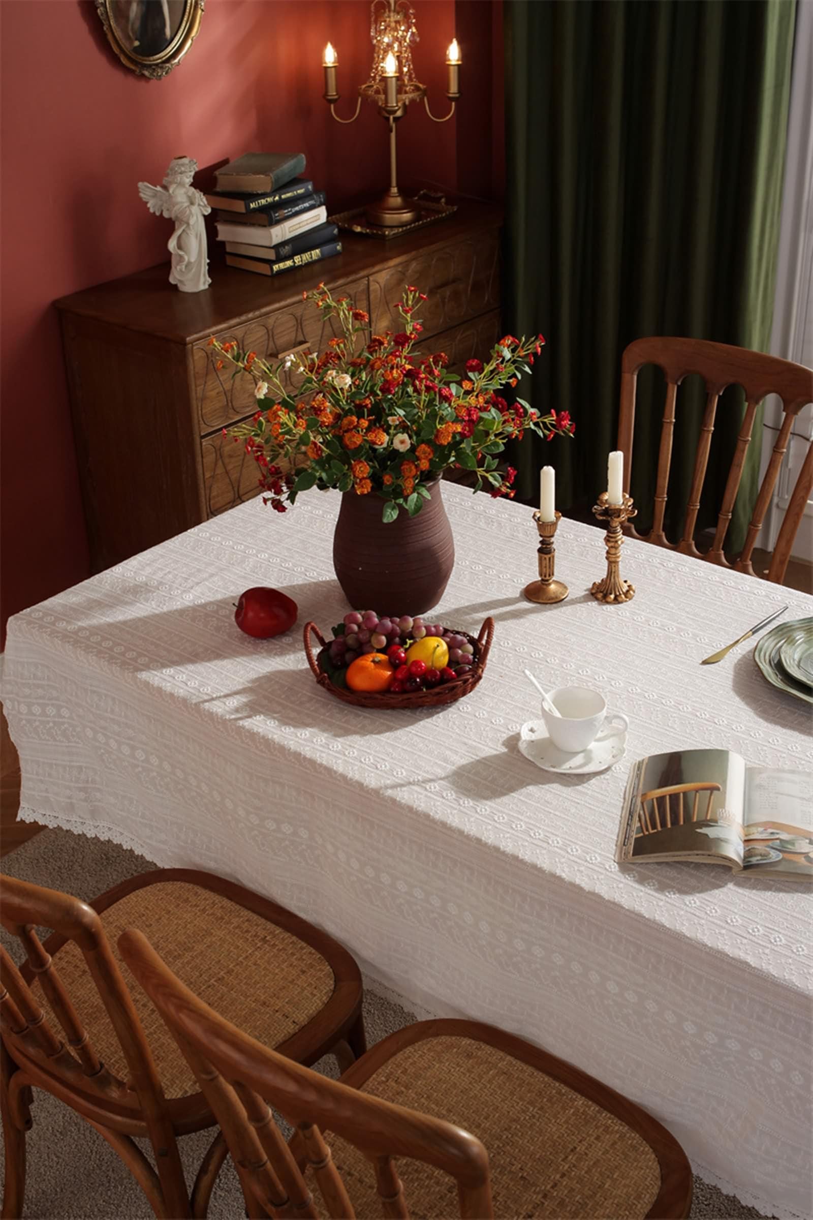 Mantel floral rectangular, encaje de algodón bordado flor con encaje cubierta de mesa de encaje para eventos, bodas, banquetes y fiestas, blanco, estilo B, 55 x 79 pulgadas