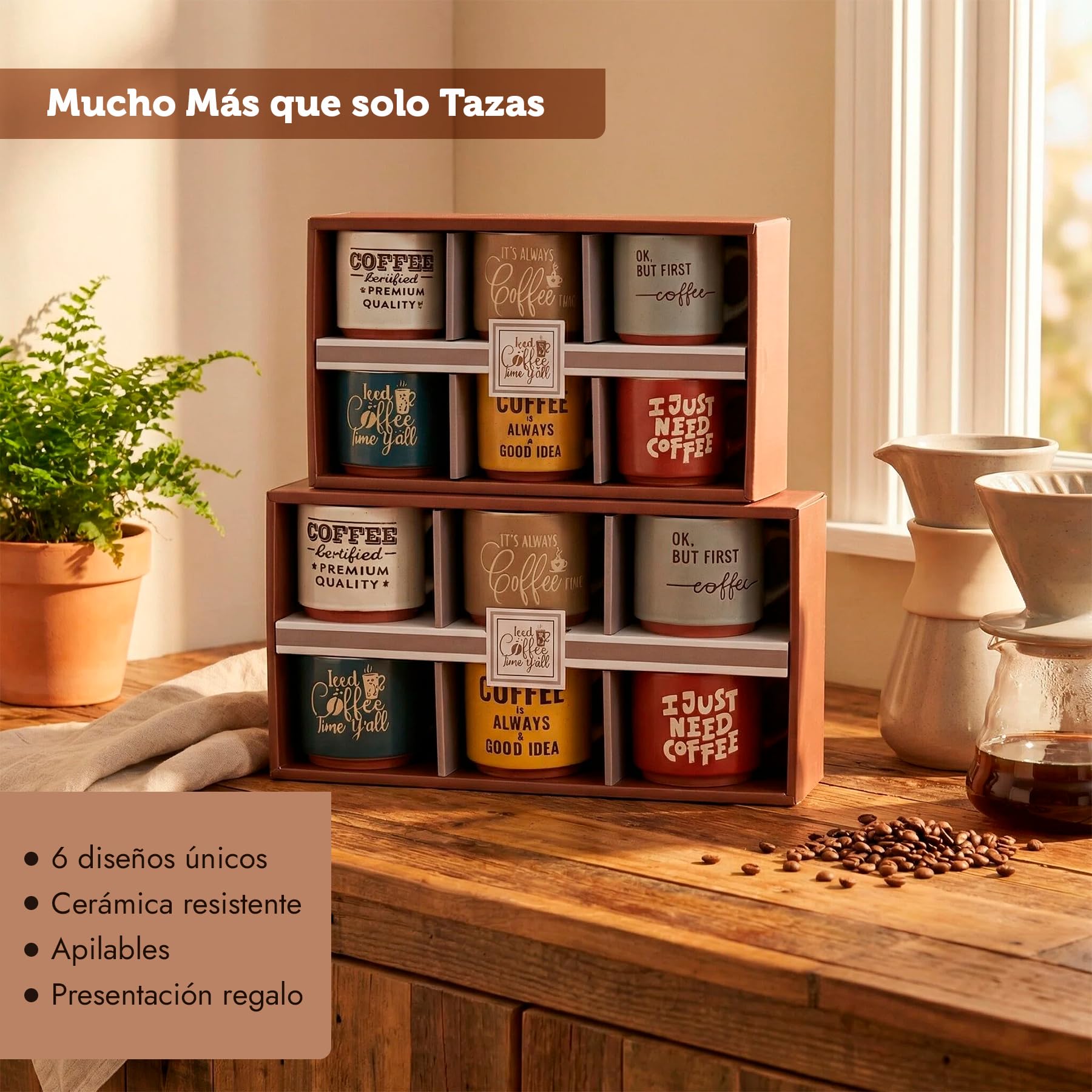 Set de 6 Tazas de Café de Cerámica con Frases Divertidas – Tazas Apilables para Espresso, Café con Leche o Americano – Aptas para Microondas y Lavavajillas – Caja Regalo con 6 x (Lungo / Con Leche) — view 9