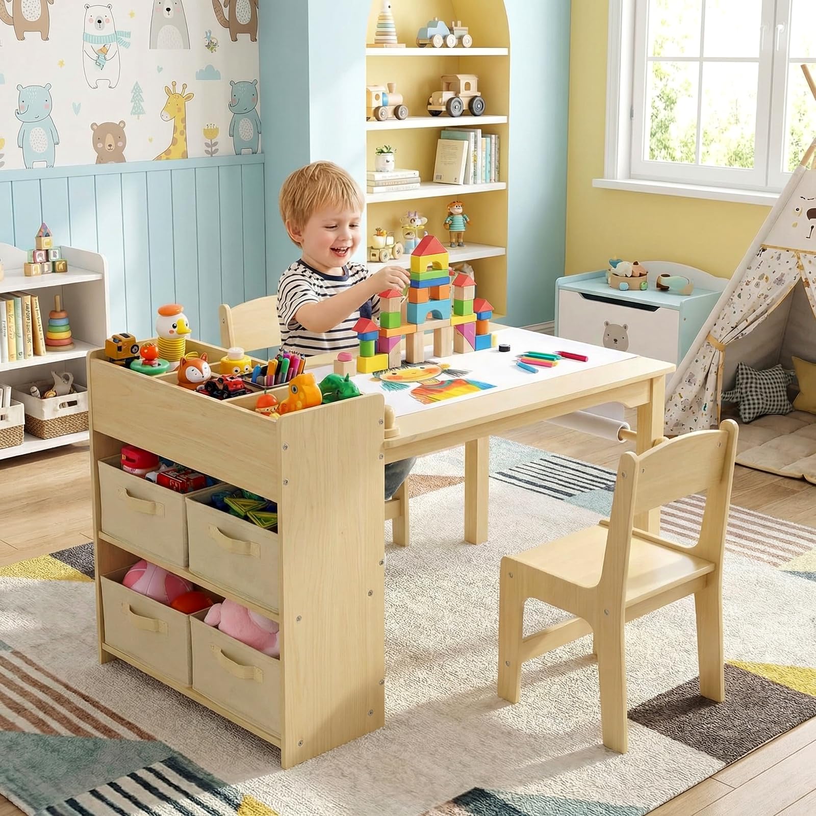 MAMIZO Tavolo per Bambini con 2 PCS Sedie, Tavolo in Legno con Rotolo di Carta, Mobile Montessori per Bambini 3-8 Anni, Ideale per Pittura/Leggere/Mangiare/Giocare, Montaggio Semplice Giallo