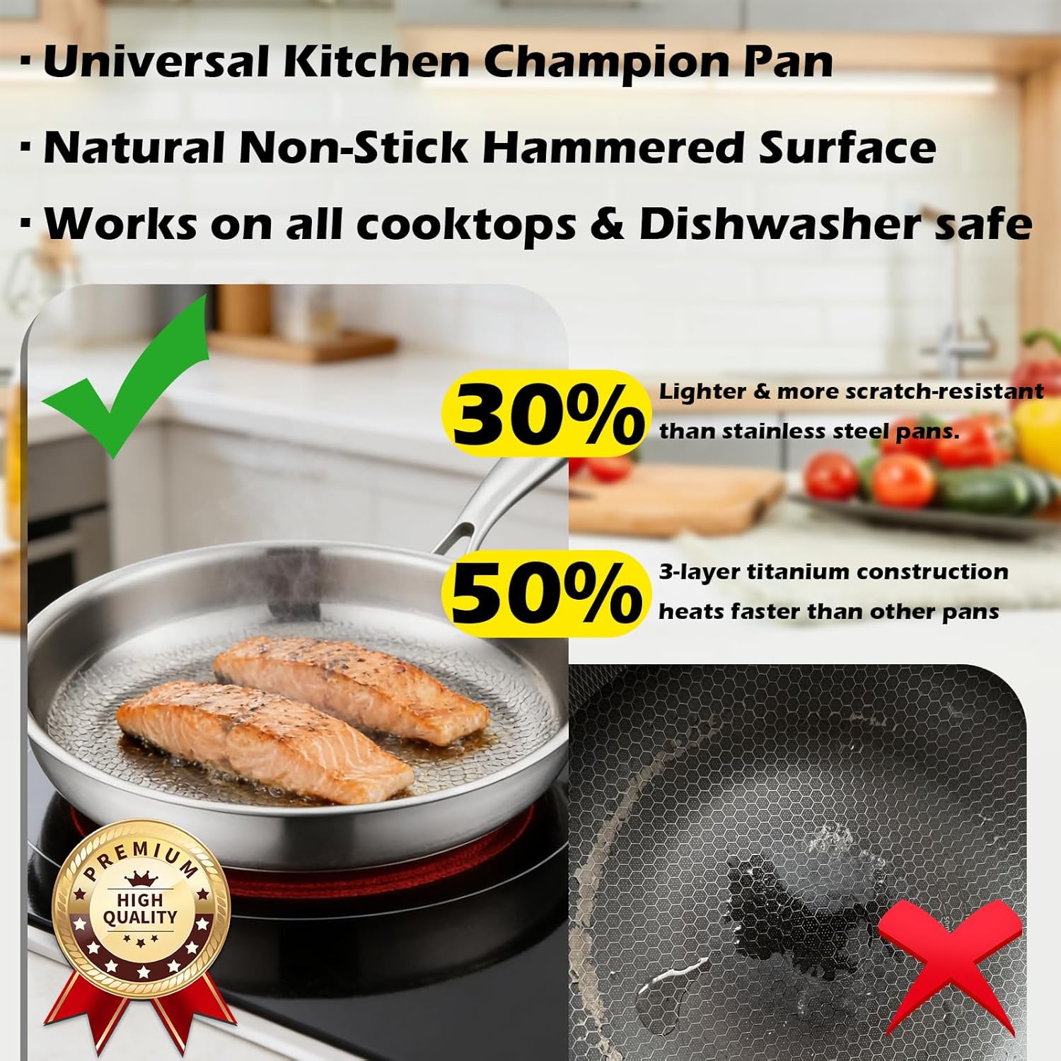 Titanium Pan, 11.02" Pure Titanium Hammered Pro Frying pan with Lid, Non Stick | Ultra-Durable | Anti-Scratch Plateful Pan for Even Heating, Induction Compatible, Oven & Broiler Safe