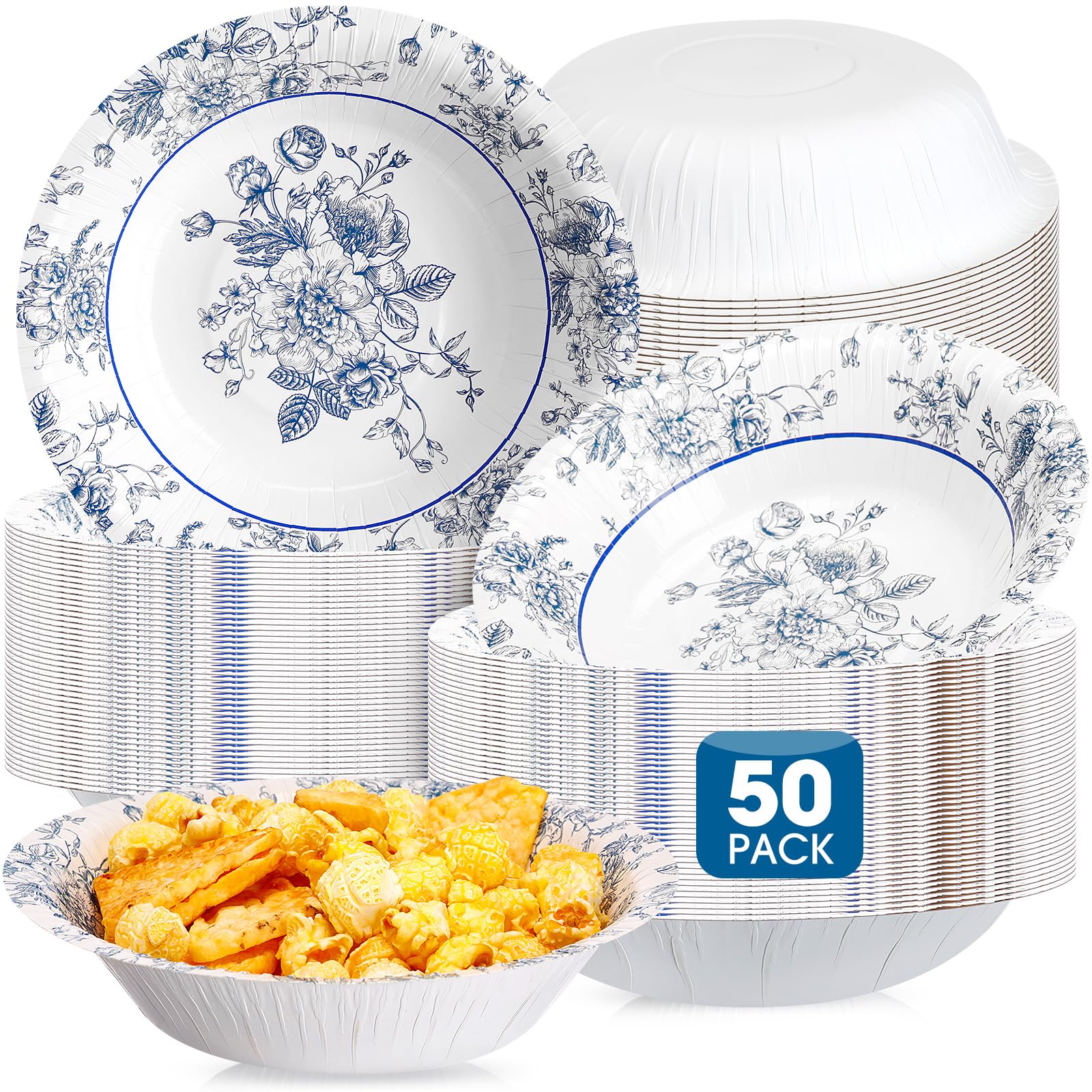 SiliFine 50 Pcs 16 oz Blue Floral Paper Bowls Blue and White Flowers Round Disposable Bowls Serving Disposable Pasta Bowls Tableware for Hot Cold Food Tea Parties Spring Picnic Wedding(50 Pcs)