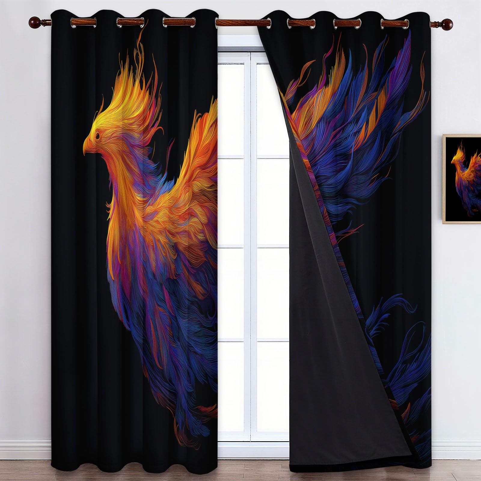 2 panele Zasłony zaciemniające 117 x 229 cm, fantazja odrodzony feniks z nadrukiem z oczkami dla dziewczynek i chłopców, do salonu, sypialni, miękka i odporna na zmarszczki, czarna