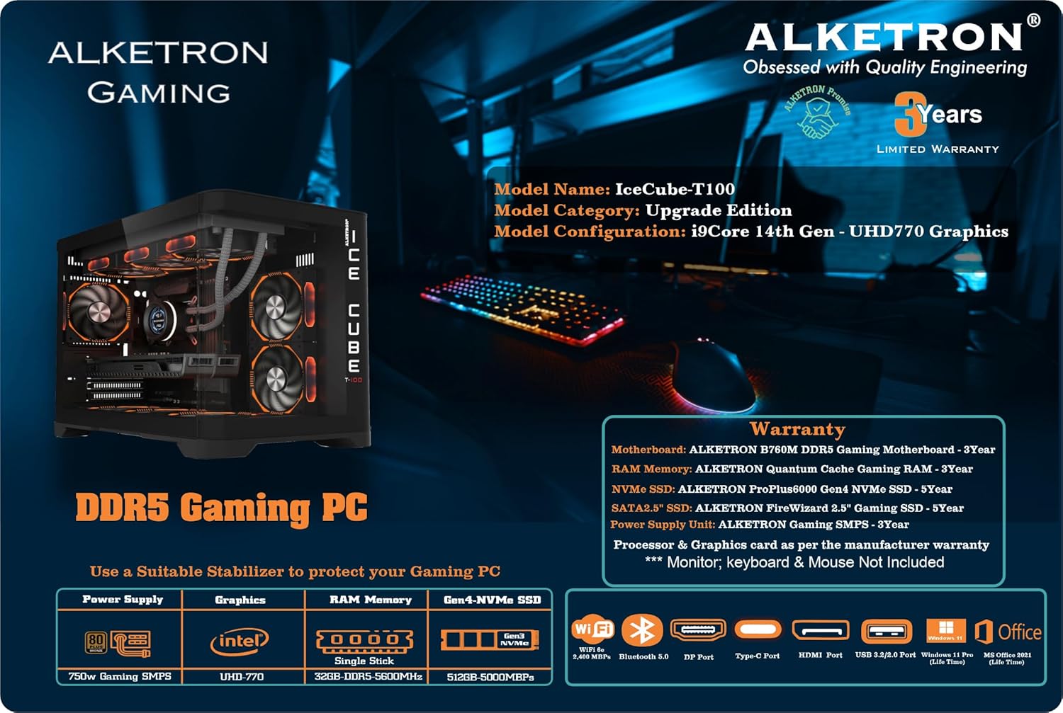 ALKETRON Icecube T100 - Windows 11 Pro Gaming Desktop Pc - I9 Intel Core 14Th Gen with UHD770 Integrated Graphics(Ready to Use DDR5 CPU Tower Box Piece - Upgrade Plus Edition), Black 10 81oAXqeAUOL. SL1500