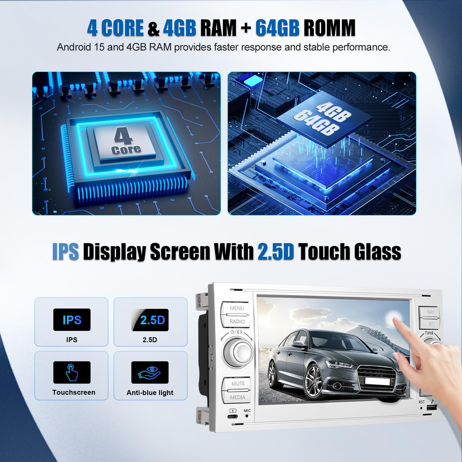 SIXWIN Radio samochodowe 4 + 64 G Android 15 z CarPlay/Android Auto/Mirror Link do Ford C-Max/Galaxy/Connect/Fiesta/S-Max, ekran dotykowy HD z WiFi GPS Bluetooth 5.0 FM/RDS 32EQ USB/Type-C (srebrne)