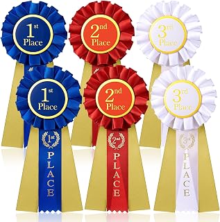 MTLEE 6 Pcs Award Ribbons 1st 2nd 3rd Place Ribbon Participation Ribbon Rosette Winner Prize Ribbons First Second Third Medal Ribbons for School Classroom Recognition, Blue, Red, White,6.5 x 3 Inch