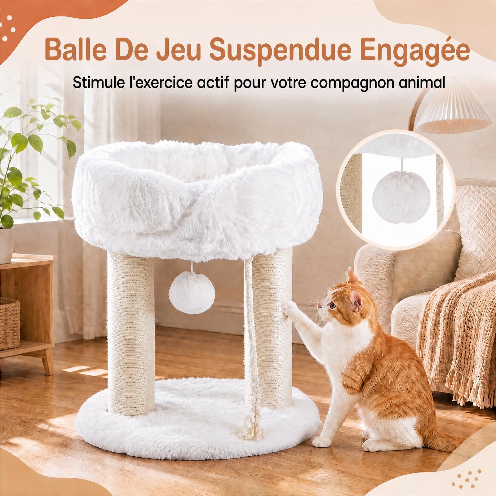 GOPLUS Petit Arbre a Chat à 2 Niveaux, Tour de Jeux pour Chats (Blanc) | Centre d’Activité 40x40x50CM avec Perchoir Rembourré en Peluche, 2 Poteaux Griffoir, Perchoir Doux, Corde et Balle Suspendue