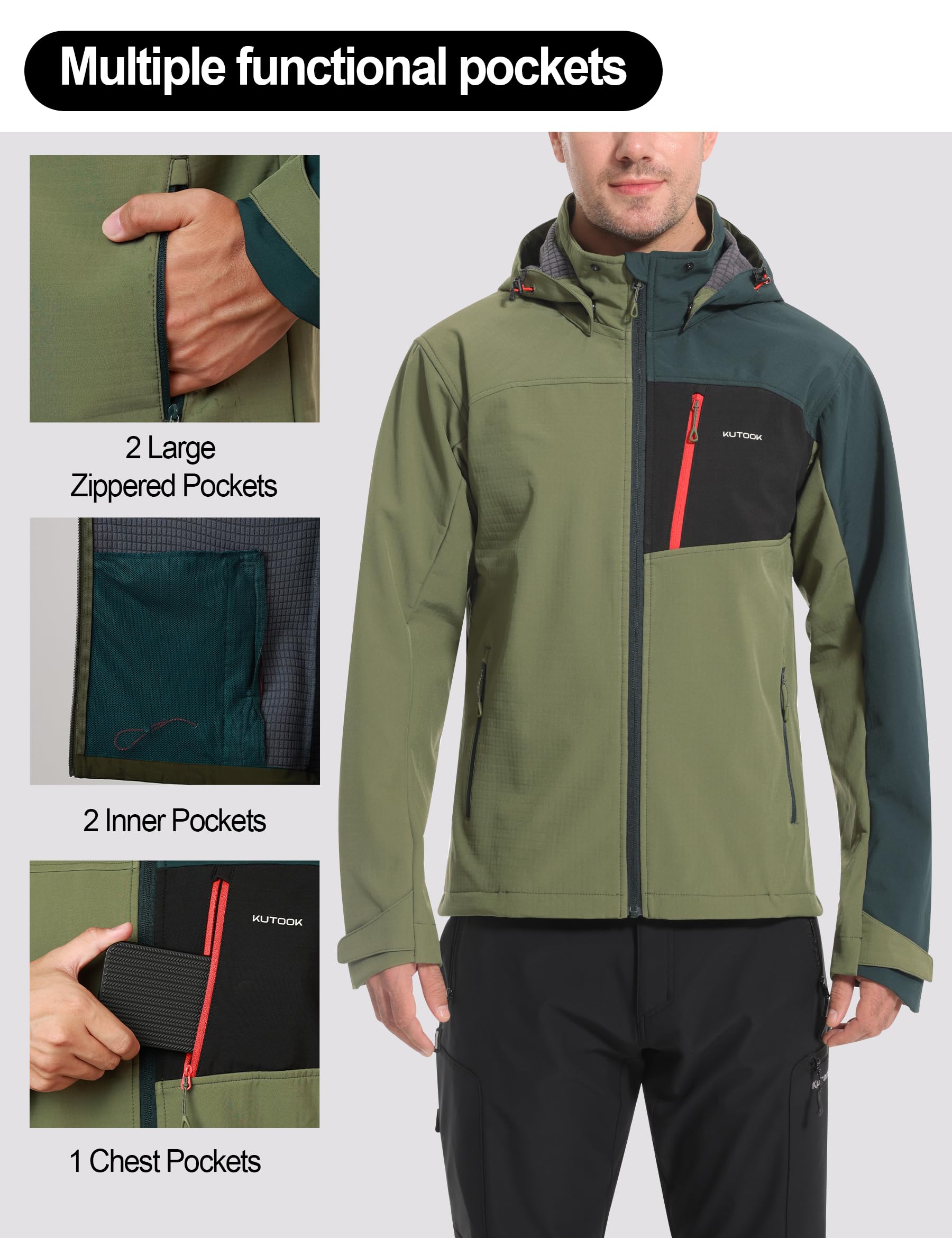 KUTOOK Chaqueta Softshell Hombre Ciclismo Forro Polar Térmica Montaña Senderismo Invierno Impermeable Cortavientos