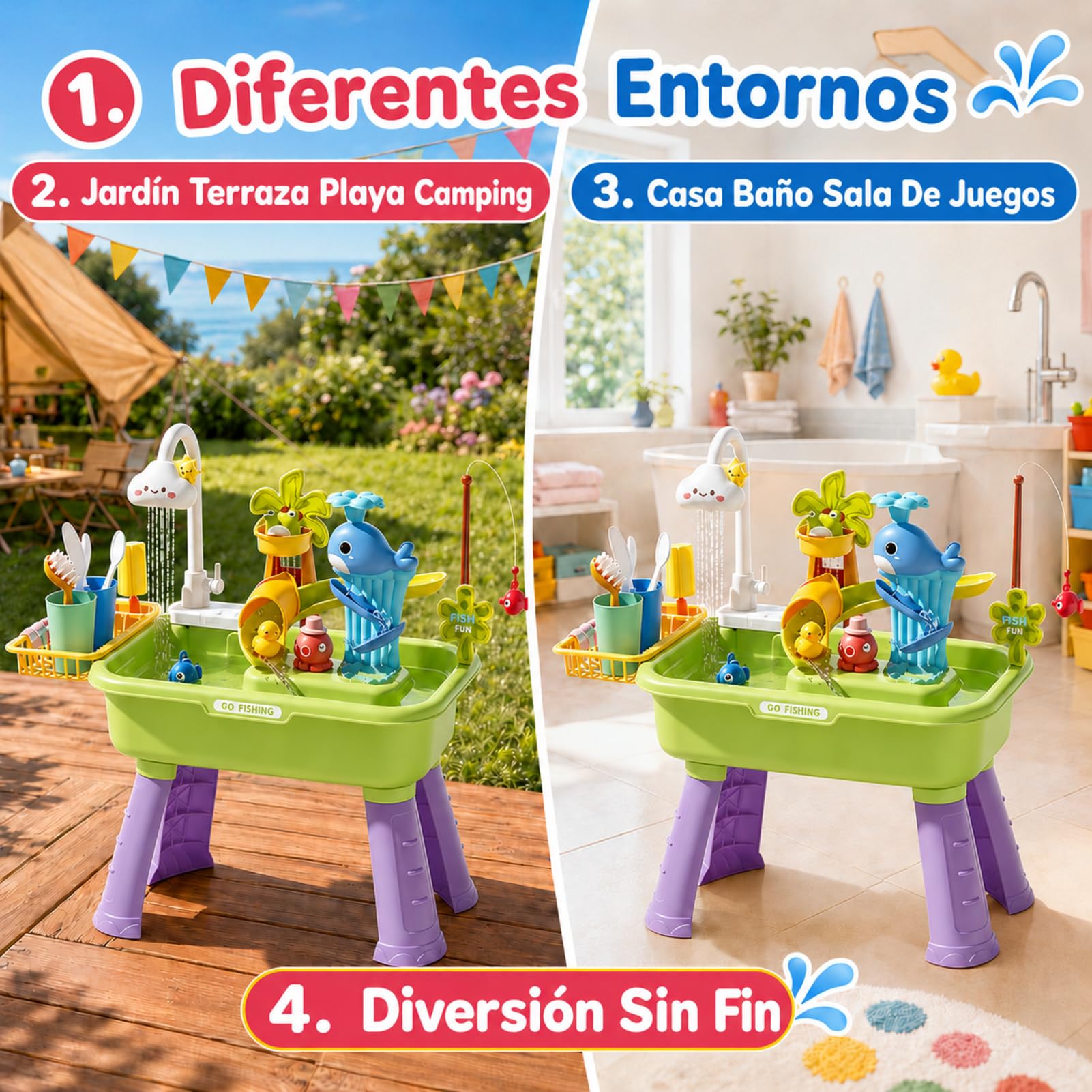 Mesa De Agua para Niños 4 En 1 Fregadero Infantil con Flujo Continuo Educativo