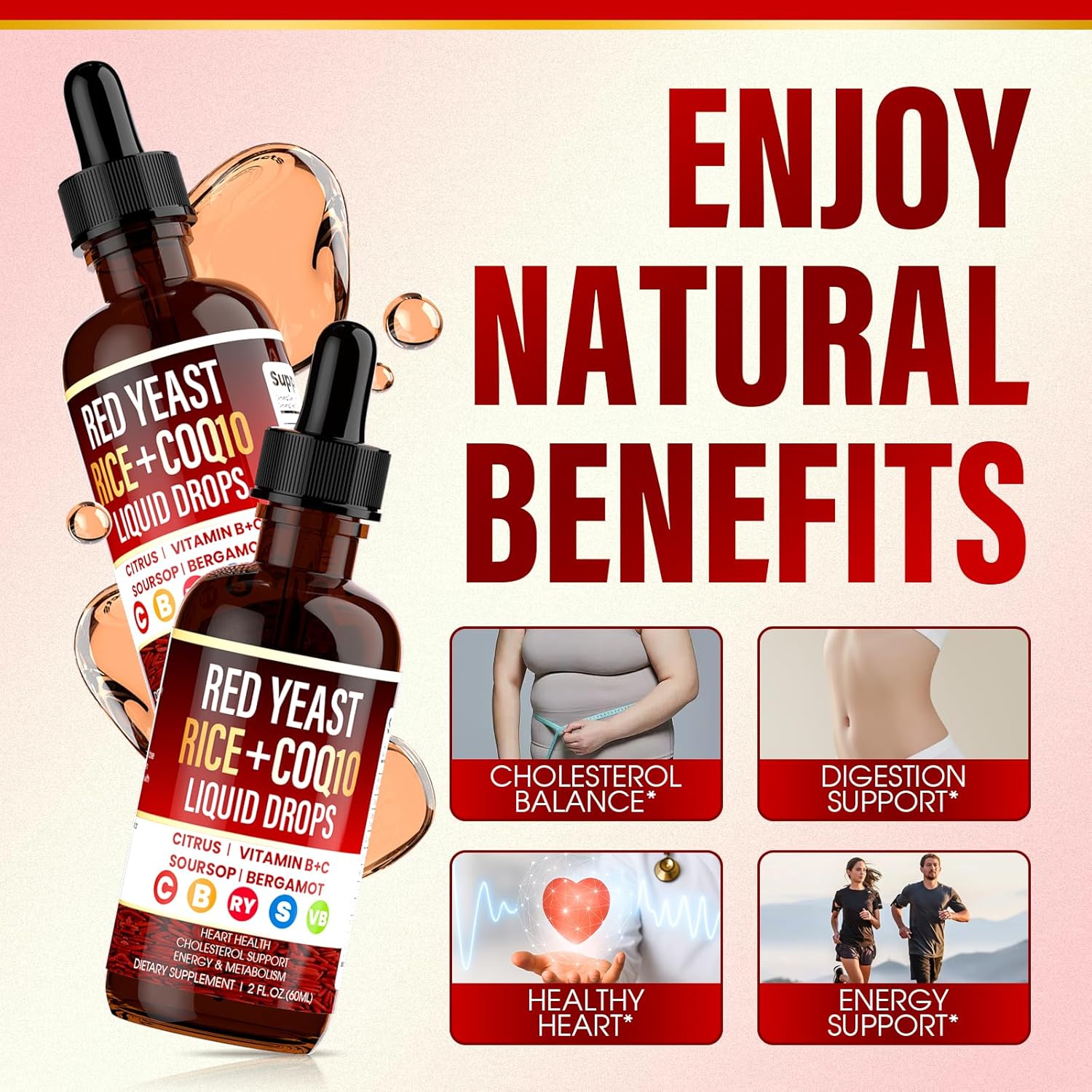 Red Yeast Rice with Coq10 Liquid Drops, Red Rice Yeast for Cholesterol, with Citrus Bergamot, Immune & Heart Support - 120ML (3)