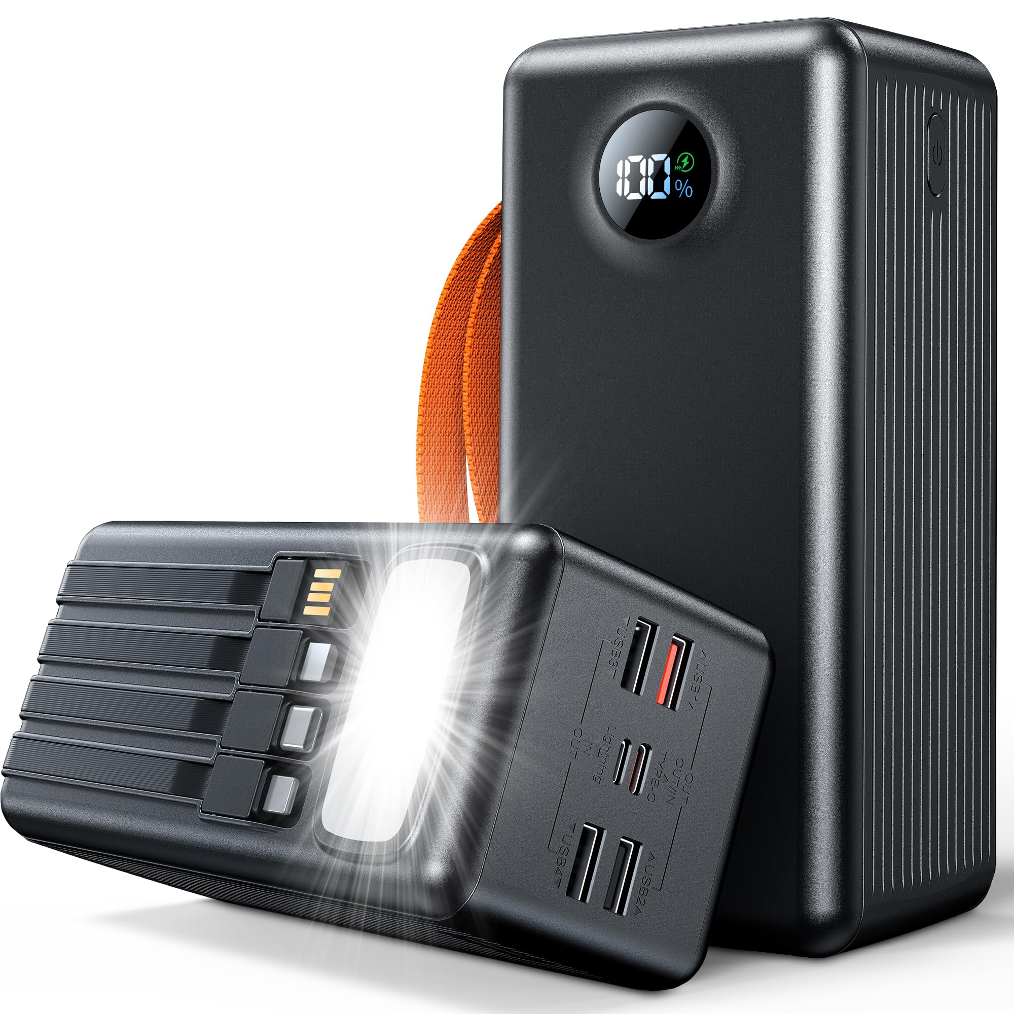Batterie Externe 70000mAh, Charge Rapide PD 30W Power Bank avec 4 Câbles Intégrés, 8 Sorties & 4 Entrées, Écran LED Numérique & Lampe de Camping, Chargeur Portable USB C pour Smartphones