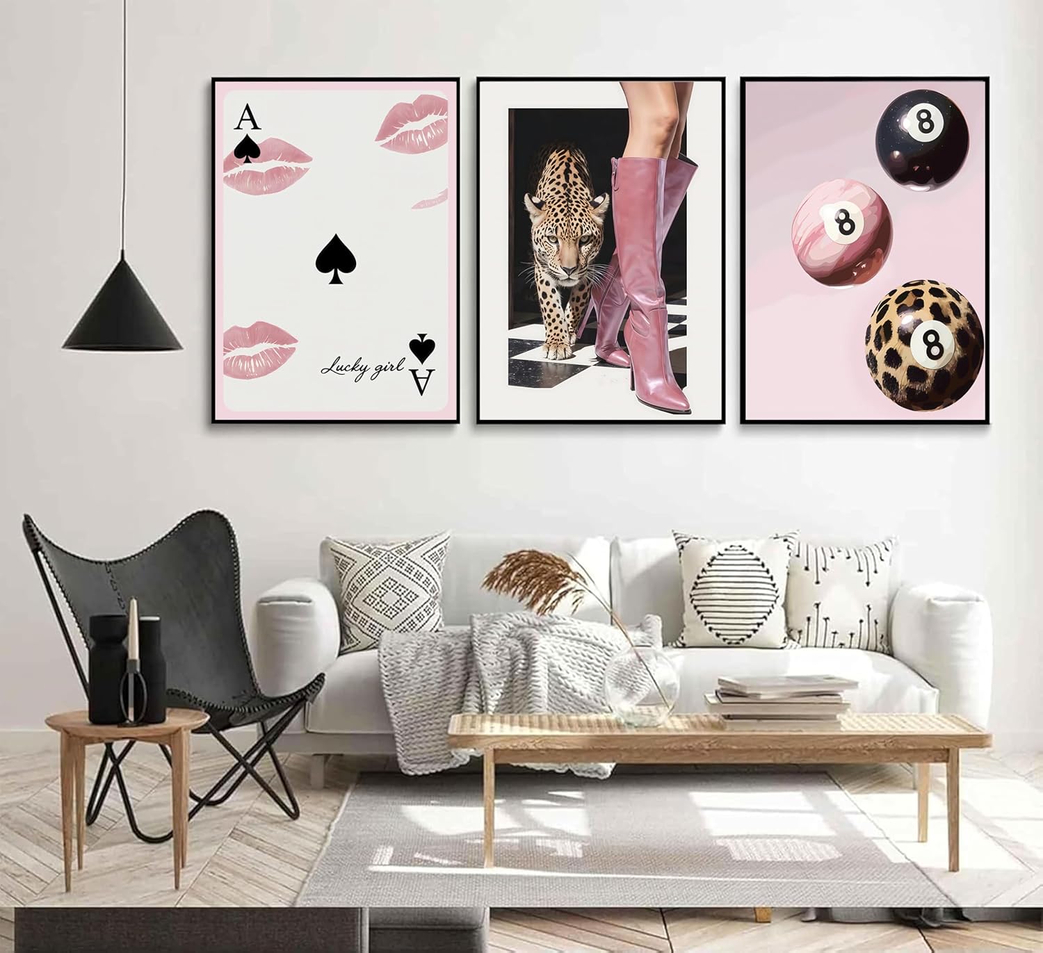 3Pcs Leopard Cheetah Wall Art with Lucky Lips Pink 8 Ball Designs Canvas Posters Prints Pictures Paintings Funky Preppy Wall Decor Decoration for Girls Room Apartment Dorm Unframed