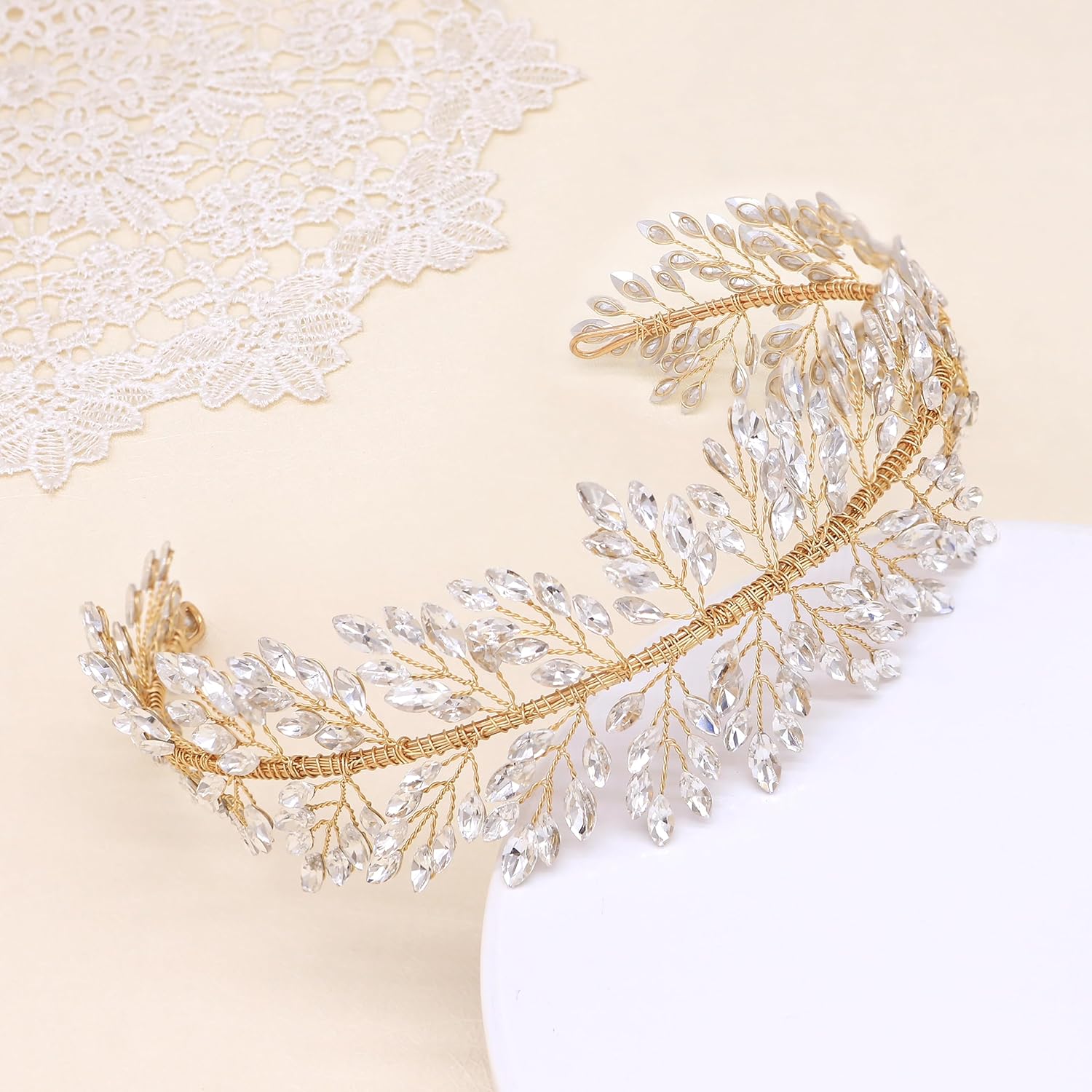 Oriamour Silver Wedding Headbands Crystal Bridal Headpieces For Women Wide Bridal Headbands (Gold) - Image 5