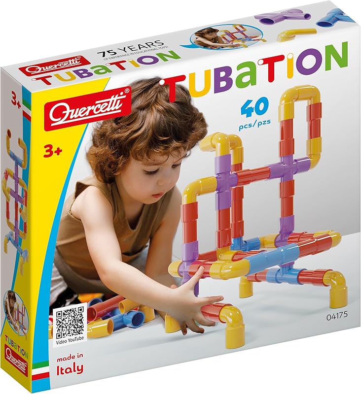 Quercetti Tubation, Jeux de Construction, Jouet Enfant 3 Ans, Jeux Educatif, Construction Mécanique, Montessori, Kits de Loisirs Créatifs, 40 Tubes Colorés pour Structures 3D, Made in Italy