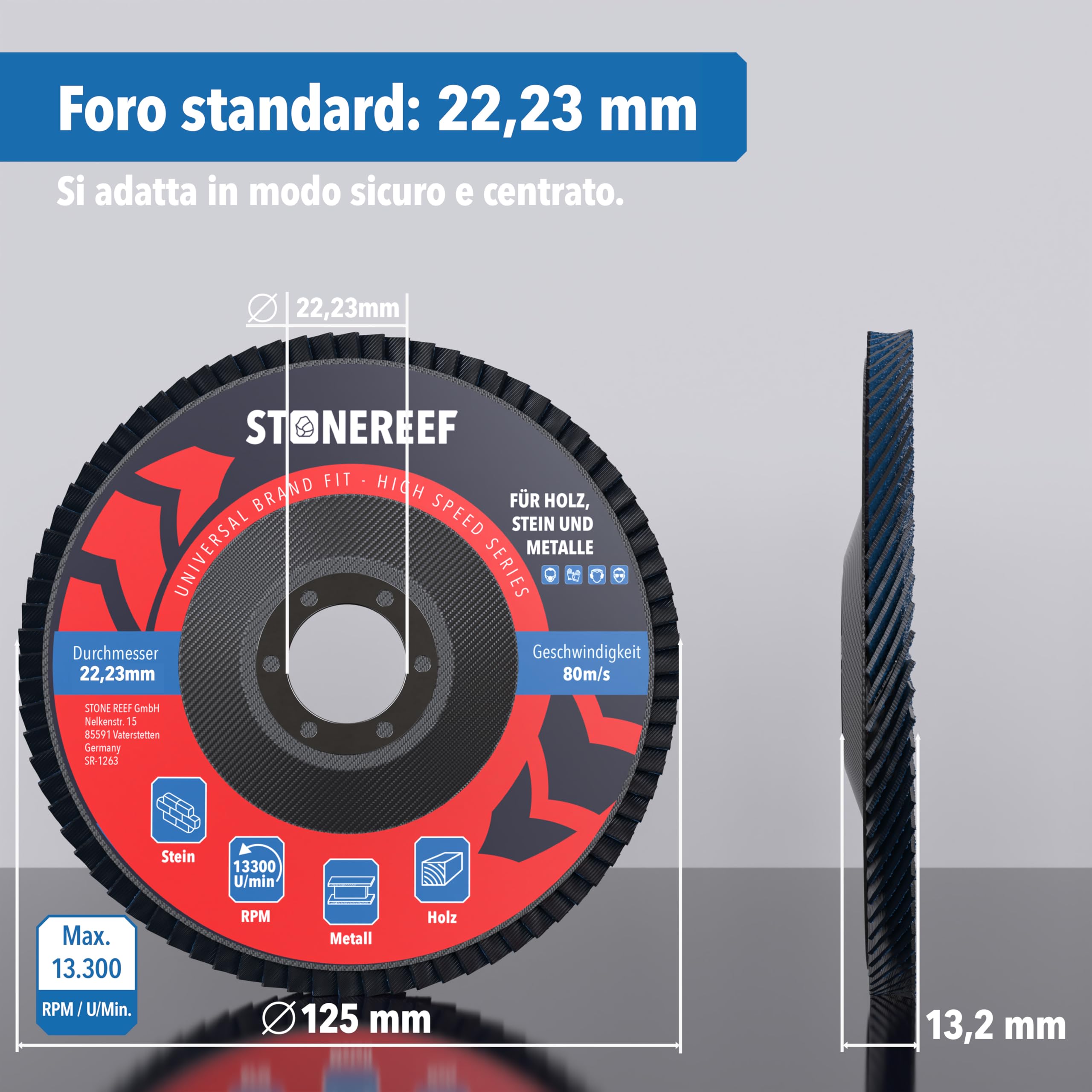 Set di 4 dischi lamellari [125 mm] smerigliatrice angolare, dischi abrasivi, dischi per sgrossatura, dischi lamellari, piastre di supporto in tessuto di vetro, levigatura precisa e sbavatura con