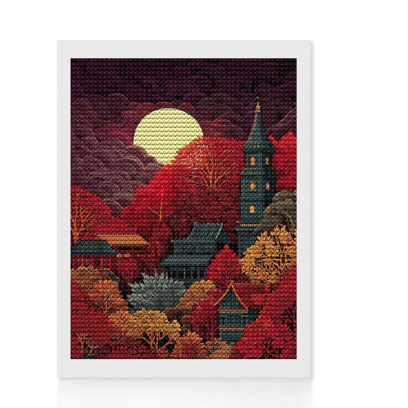 Junmoney Japanese Landscape with Pagoda and Moon Crystal Diamond Art Kit 12"x16", Christmas Gift, Arts and Crafts, Aesthetic Room Decor, Home Wall Art