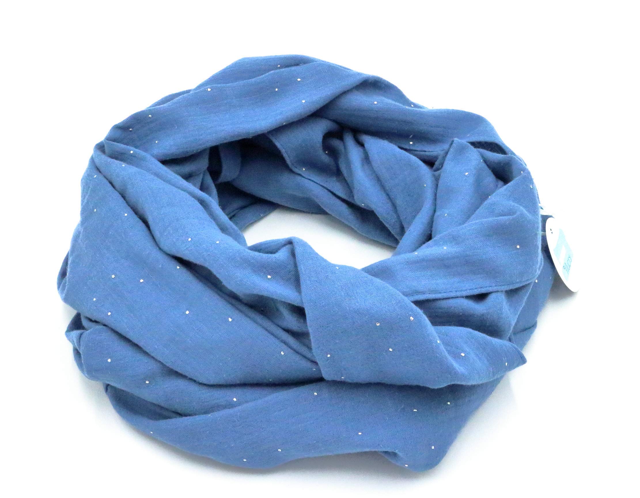 Weicher Baumwoll Musselin Loop Schal, Blau, mit silbernen Tropfen, für kalte Wintertage