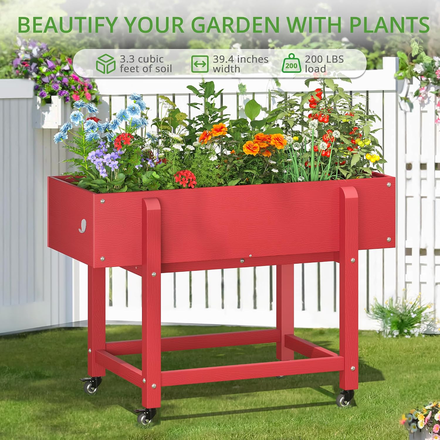 LUE BONA Raised Garden Bed with Wheels, 39.4 * 16.7 * 28 in, Poly Elevated Outdoor Planter Box with Tools, Weather Resistant, Standing Growing Bed Herb Planter for Vegetable, Flowers, Fruits