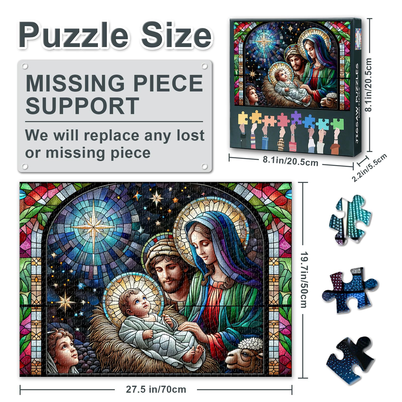1000 Piece Jigsaw Puzzle for Adults The First Christmas Nativity of Baby Jesus in Stained Glass Art Religious Holiday Puzzle Set and Seasonal Decor 27.5x19.7 Inch - Image 3