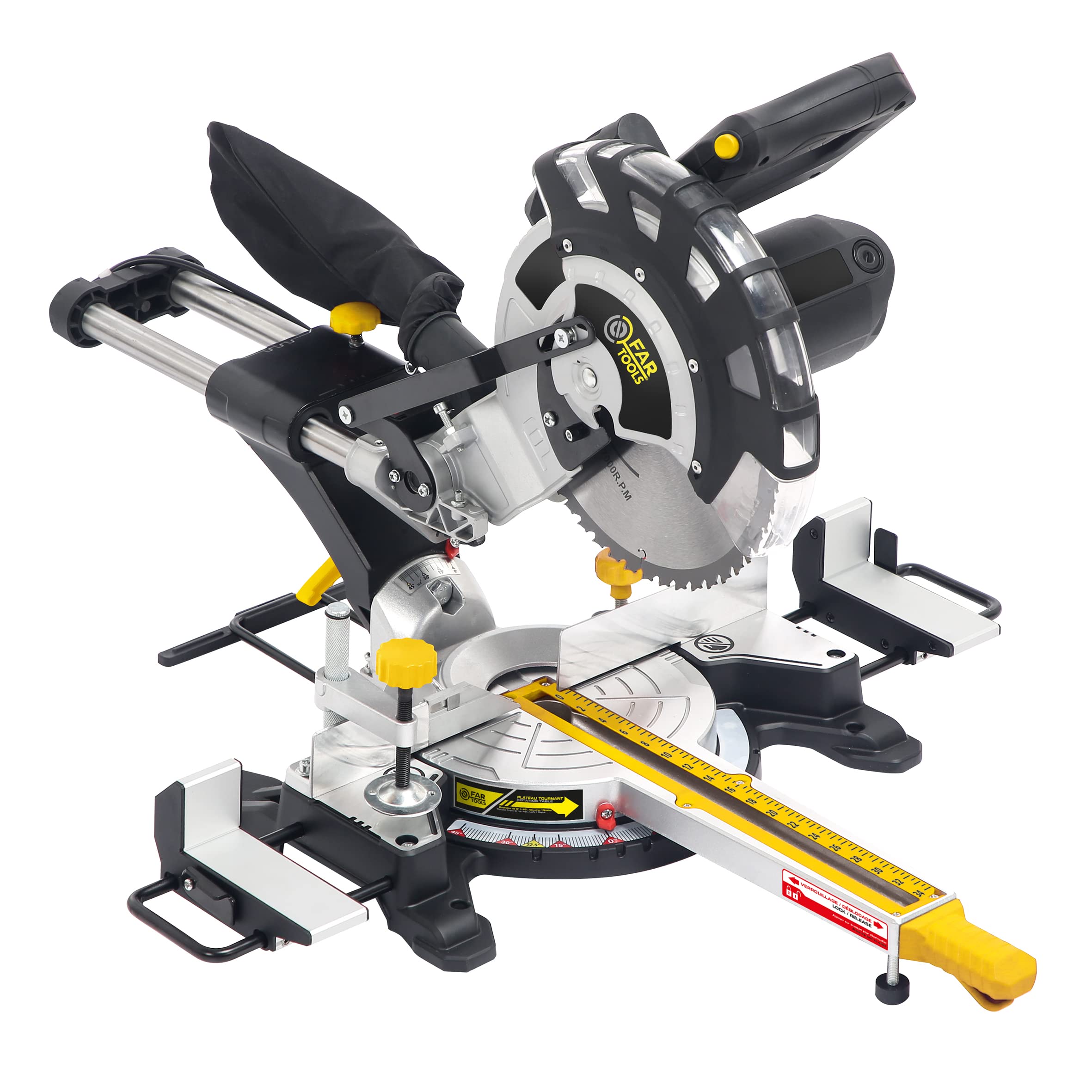 Fartools SBM 255 Scie à onglet radiale 2000W, lame Ø254mm multi-matériaux 60 dents, inclinaison de la tête gauche, visée laser, plateau indexable à l'avant, 2 vitesses de rotation