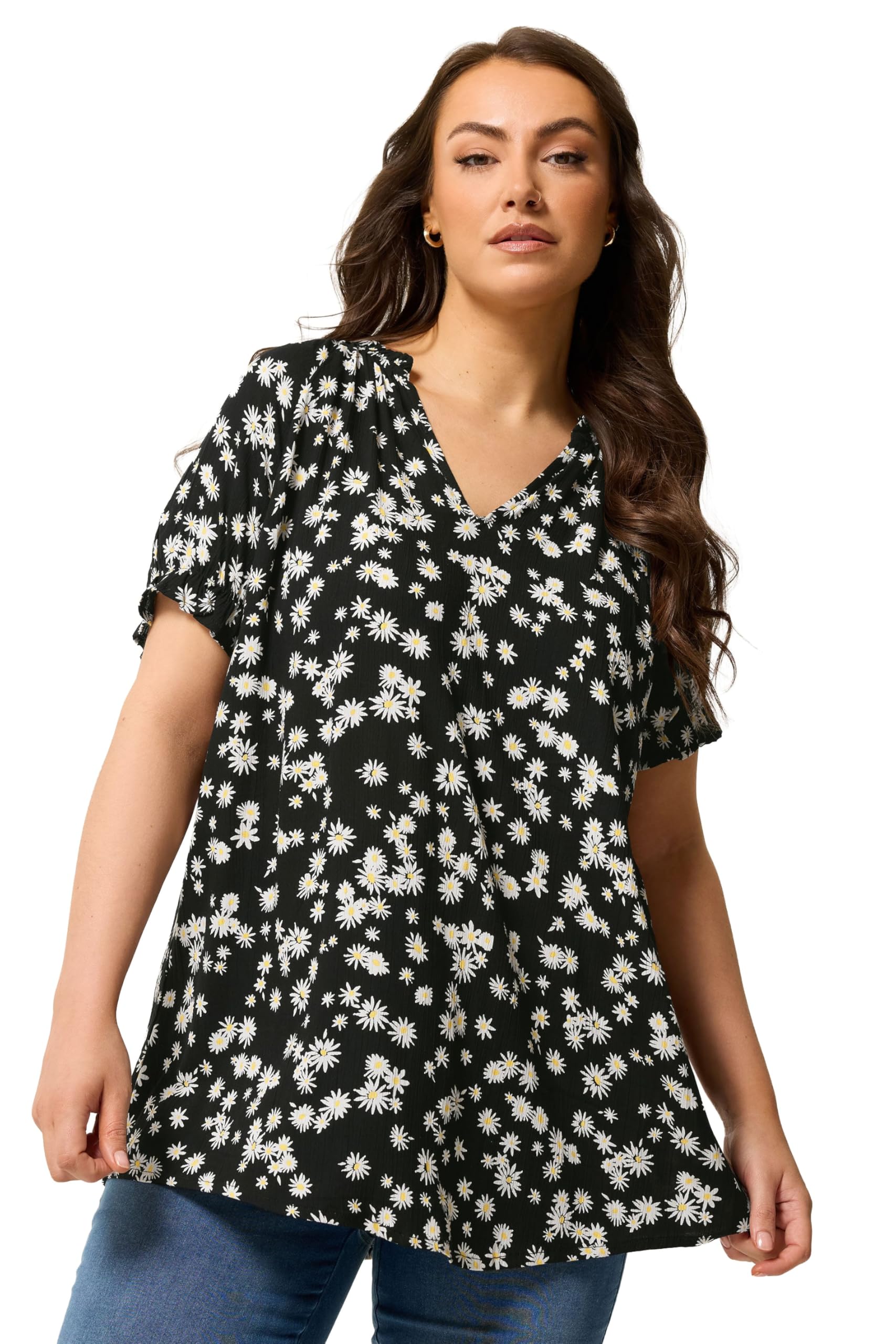 Yours Women's Black Daisy Notch Neck Blouse In | : 22/24