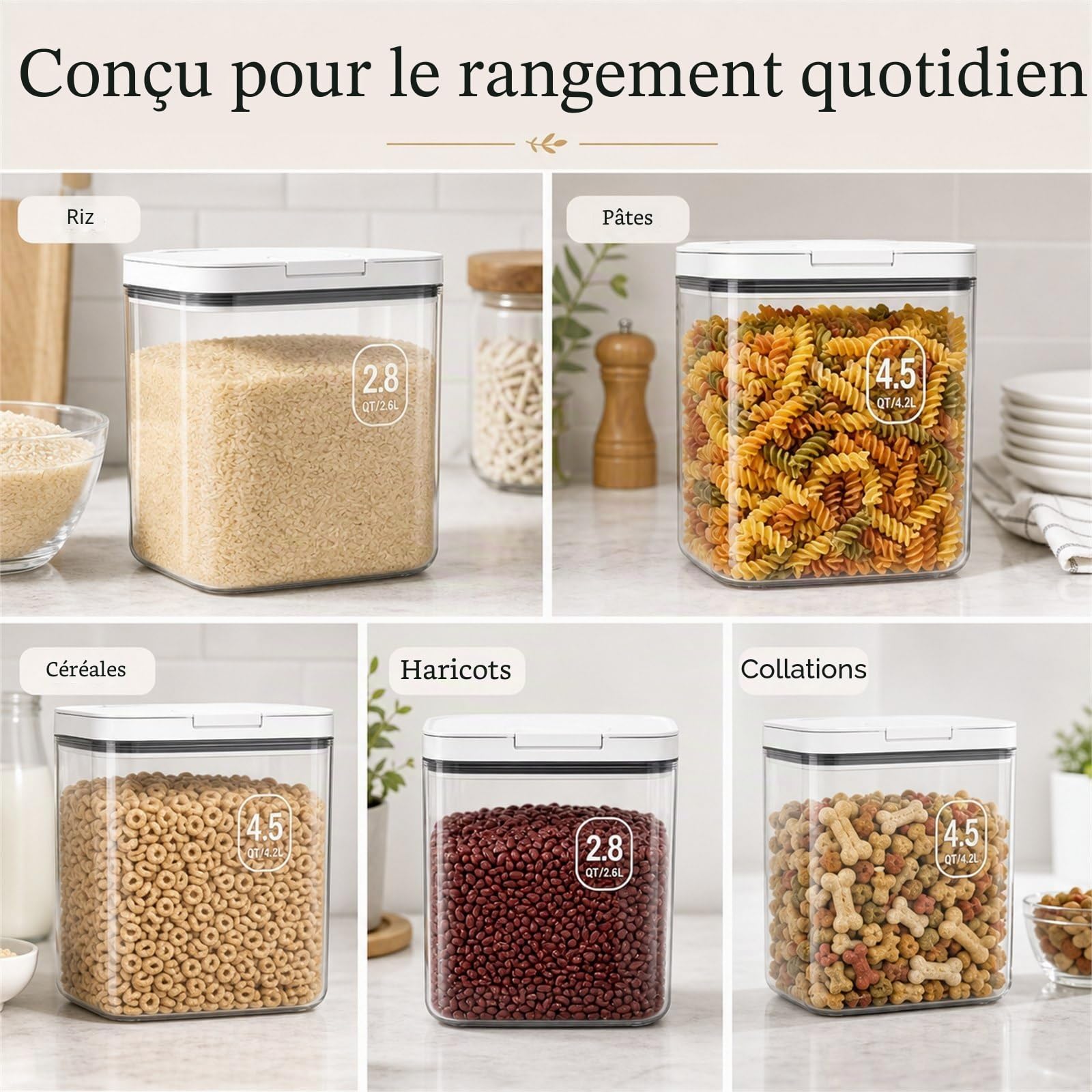 STARVAST Boîtes de conservation pour farine 4,5+2,8 litres, boîte de rangement pour la cuisine, conservation de riz avec jauge, boîtes de conservation avec couvercle hermétique, récipients de stockage
