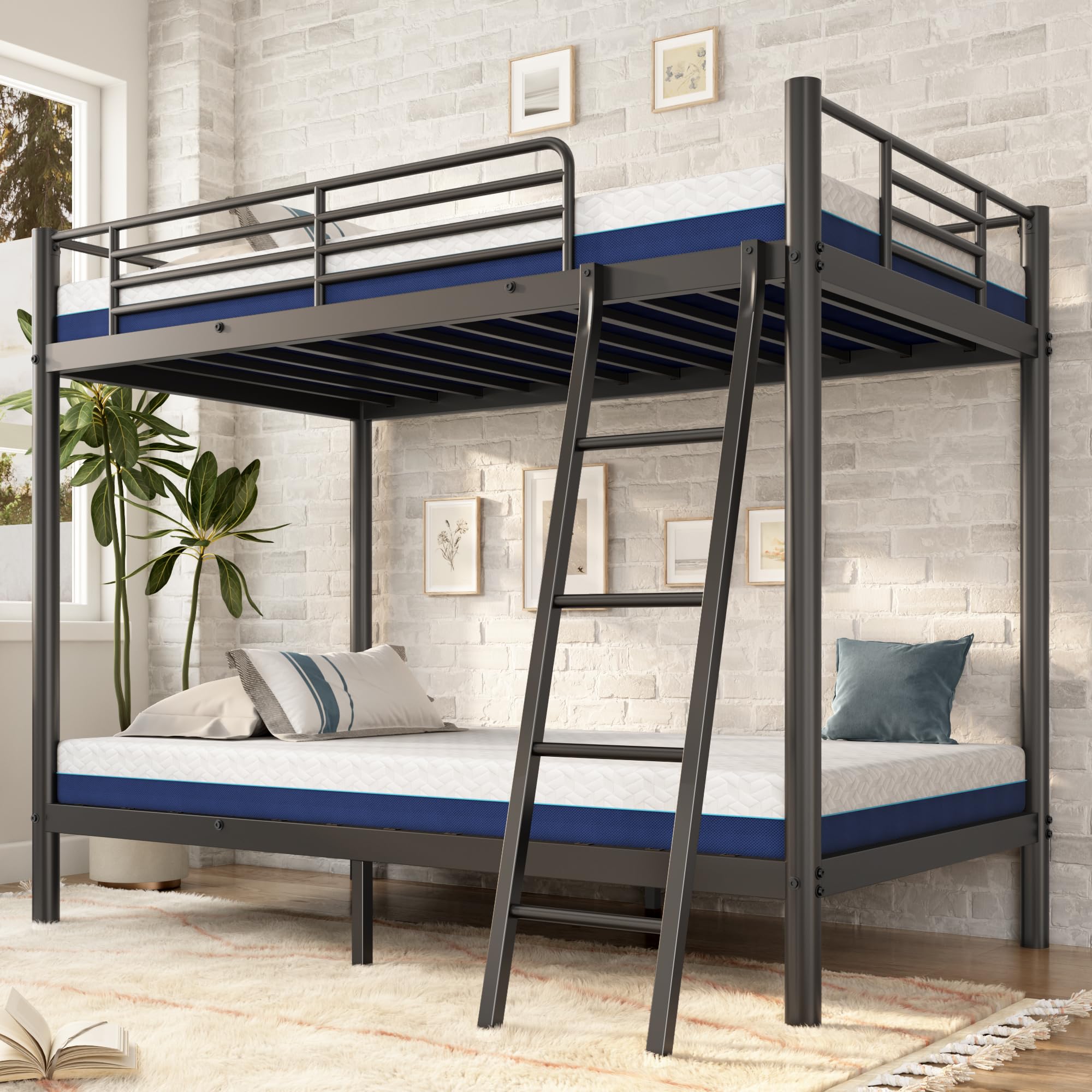 Bunk Bed Twin Over Twin with 6'' Mattresses Included, Heavy Duty Metal Bunk Bed Frame with Angled Ladder for Teens and Adults, for Spaces-Saving, Smooth Rounded Edges, Black