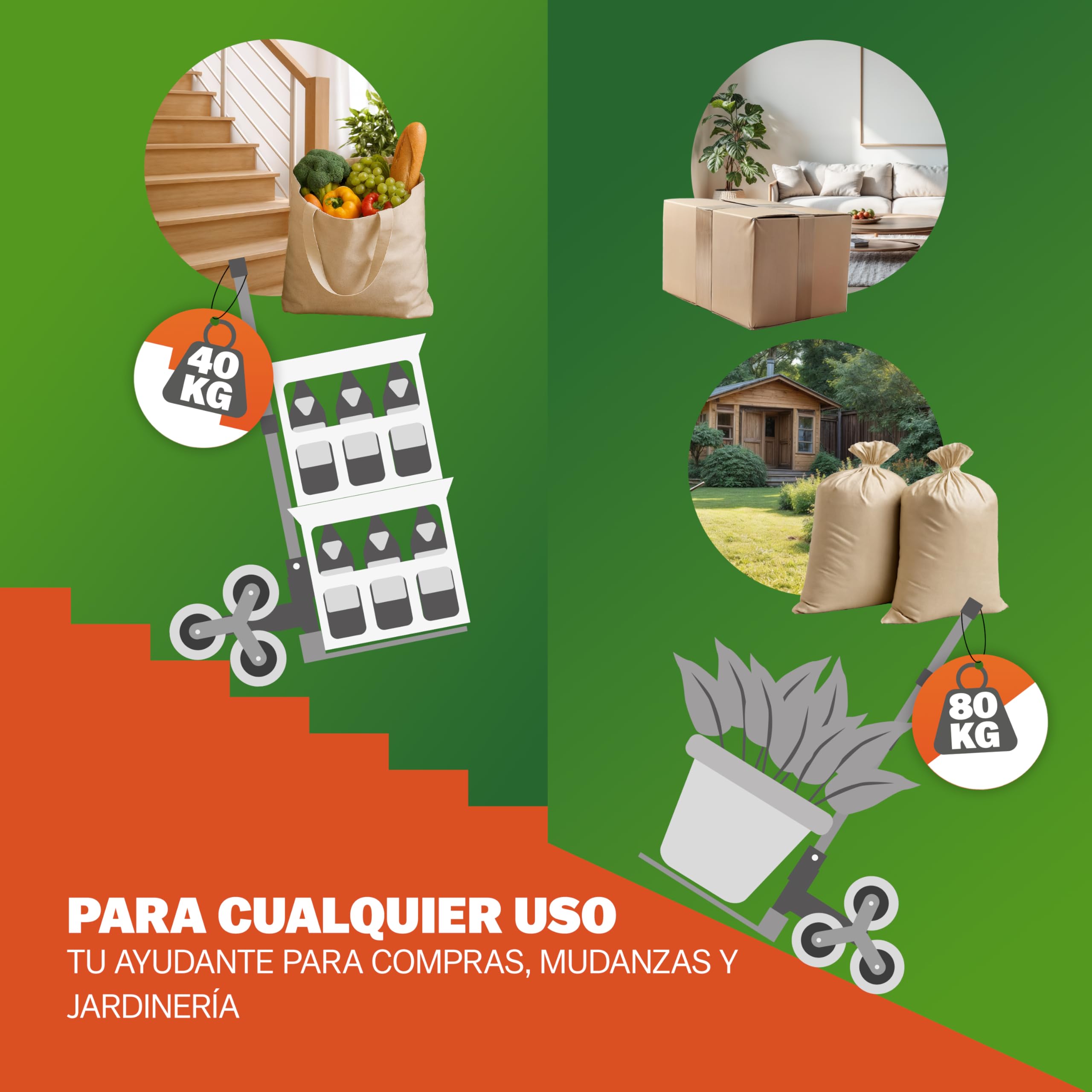 GARDEBRUK® Carretilla Plegable para Subir Escaleras hasta 80Kg Carro Transporte Mudanzas Aluminio Altura Regulable Ruedas Goma Maciza Incl. Guantes y Cuerdas Elásticas