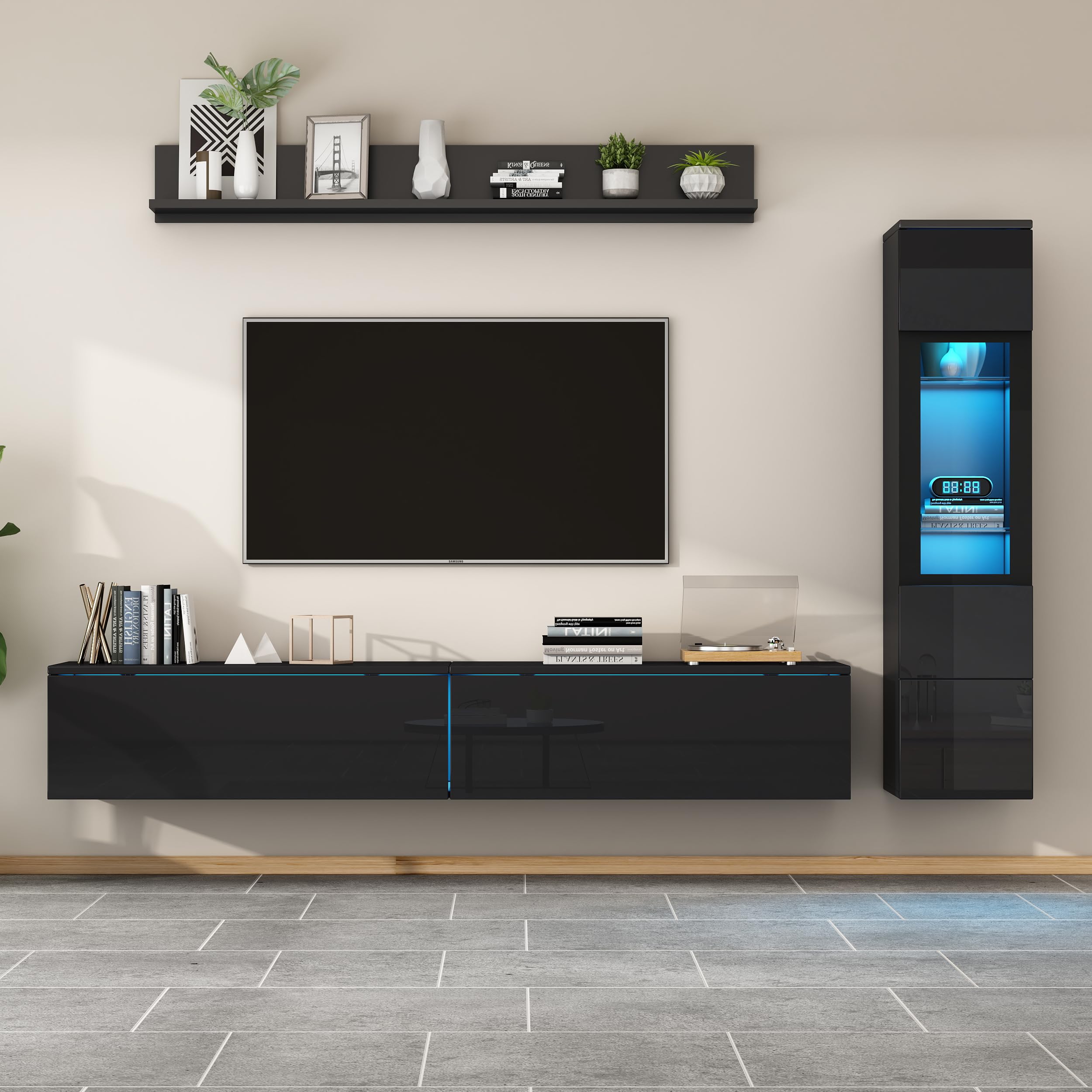 TIZZ Juego de pared para TV (3 piezas, iluminación LED, 1 armario de TV de hasta 80 pulgadas, 1 vitrina para salón, 1 estante colgante), color negro brillante